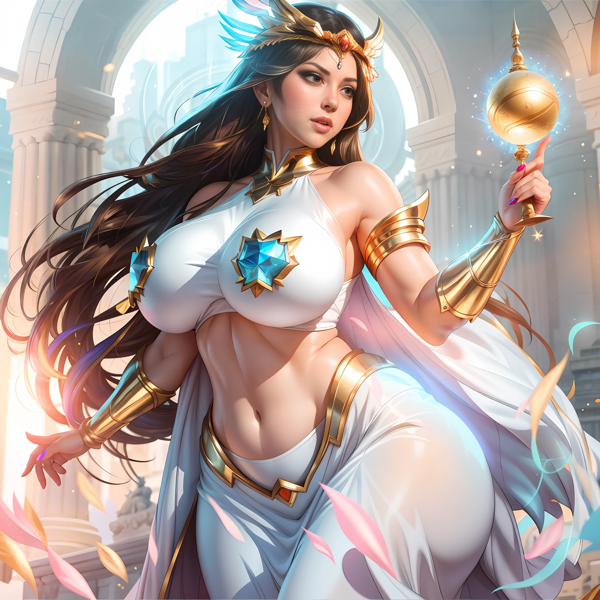 arafed woman in a white dress holding a golden ball, extremely detailed artgerm, wlop art, artgerm on artstation pixiv, mighty plump female sorceress, wlop and artgerm, fanart best artstation, artstation masterpiece, goddess. extremely high detail, ig model | artgerm, as seen on artgerm, topless, no bra