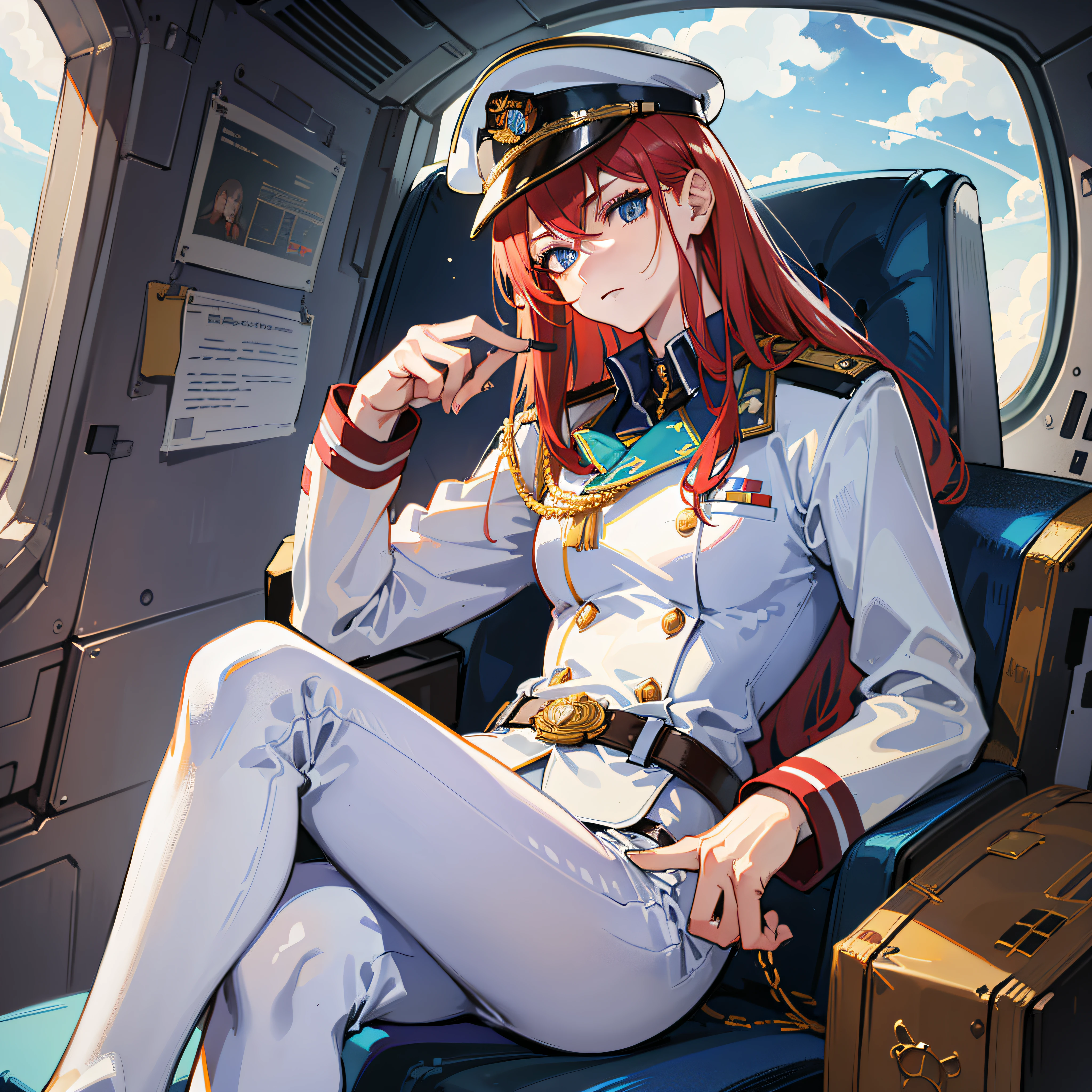 ((Masterpiece)), ((Highest Quality)), ((Best Quality)), (Illustration of One Girl), Full Body, 25 Years Old, Long Red Hair, (Thin Hair on Both Sides of the Face), Blue Eyes, (Tall)), ((Muscular Strong Body)), (Manspreading)), Open Legs, (((Military Uniform)), (Military Hat)), ((Military Coat)), (White Clothes), (White Pants), (White Hat), Trench Coat, ((Inside the spaceship, sitting in the captain's seat)), (outside the window, space, Earth seen from space, spaceport)