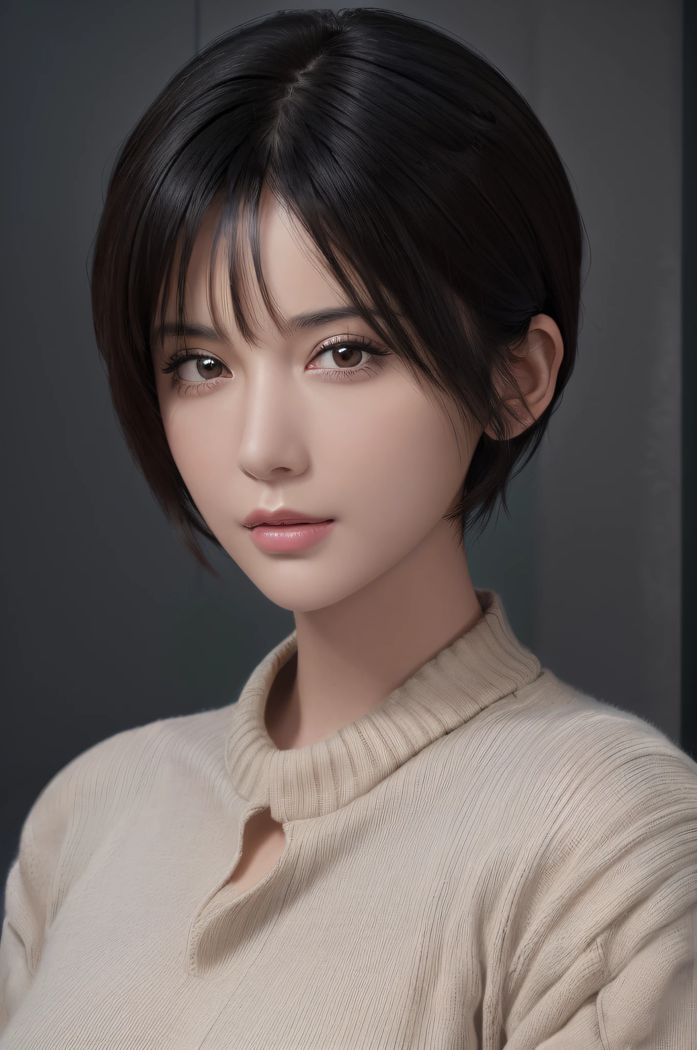 (masterpiece:1.3), (8k, photorealistic, RAW photo, best quality: 1.4), (1girl), beautiful face, (realistic face), (black hair, short hair:1.3), beautiful hairstyle, realistic eyes, beautiful detailed eyes, (realistic skin), beautiful skin, (sweater), absurdres, attractive, ultra high res, ultra realistic, highly detailed, golden ratio