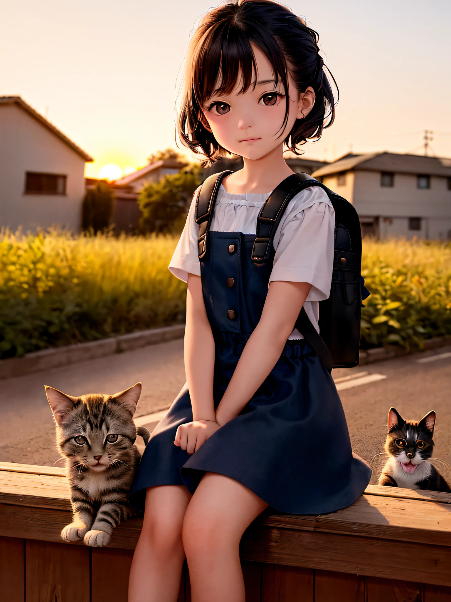A very charming with a backpack sitting holding her cute kitten, on the roof, facing the audience with the sunset behind and two fighting puppies in front. The illustration is a high-definition illustration in 4K resolution with highly detailed facial features and cartoon-style visuals