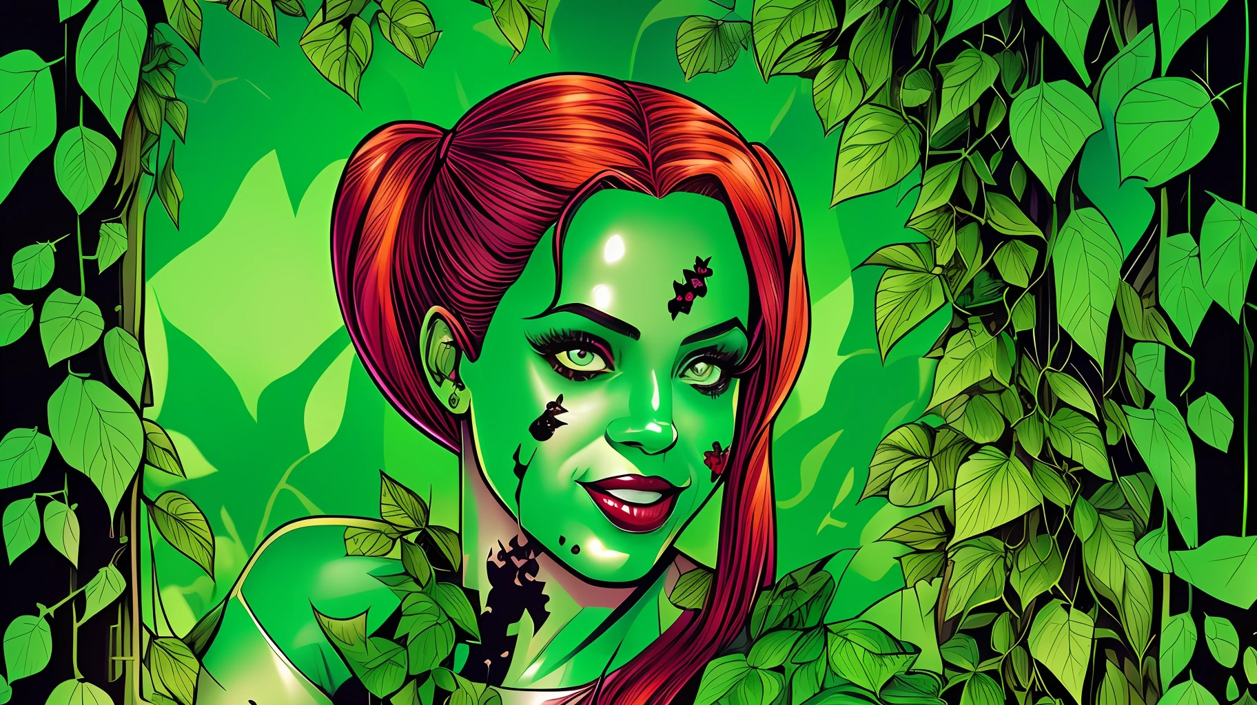 (high quality illustration),digital painting, (comic style), Poison Ivy, Harley Quinn, (1 girl),(Poison Ivy holding Harley Quinn), Poison Ivy's vines, (Harley Quinn turning into a plant:1.3), dark background, (bright green lighting:1.2), eerie atmosphere. --auto --s2