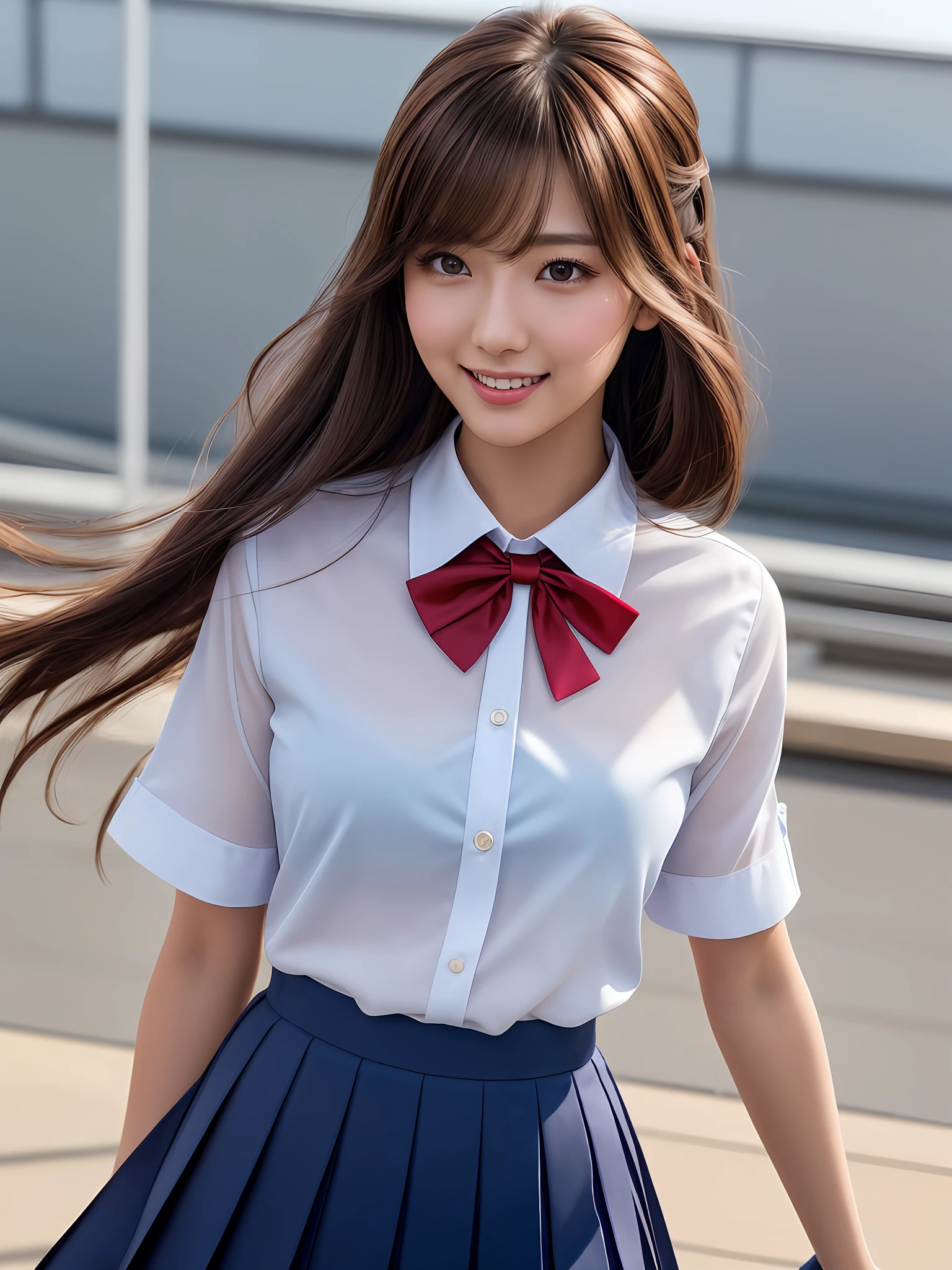 masterpiece, upper body shot, 1 girl per 1 photo, front view, a Japanese young pretty woman, wearing a long length dark blue pleated skirt, standing at the school roof with a big smile, glamorous figure, wearing a short sleeves white collared silky shirt with shiny red satin plain bow tie, hyper cute face, glossy lips, hair blown by strong winds, double eyelids in both eyes, Natural makeup, long eyelashes, shiny smooth light brown hair of medium length, asymmetrical bangs, tanned skin, central image, 8K resolution, high detail, detailed hairstyle, Detailed Face, spectacular cinematic lighting, octane rendering, vibrant, hyper realistic, perfect limbs, perfect anatomy