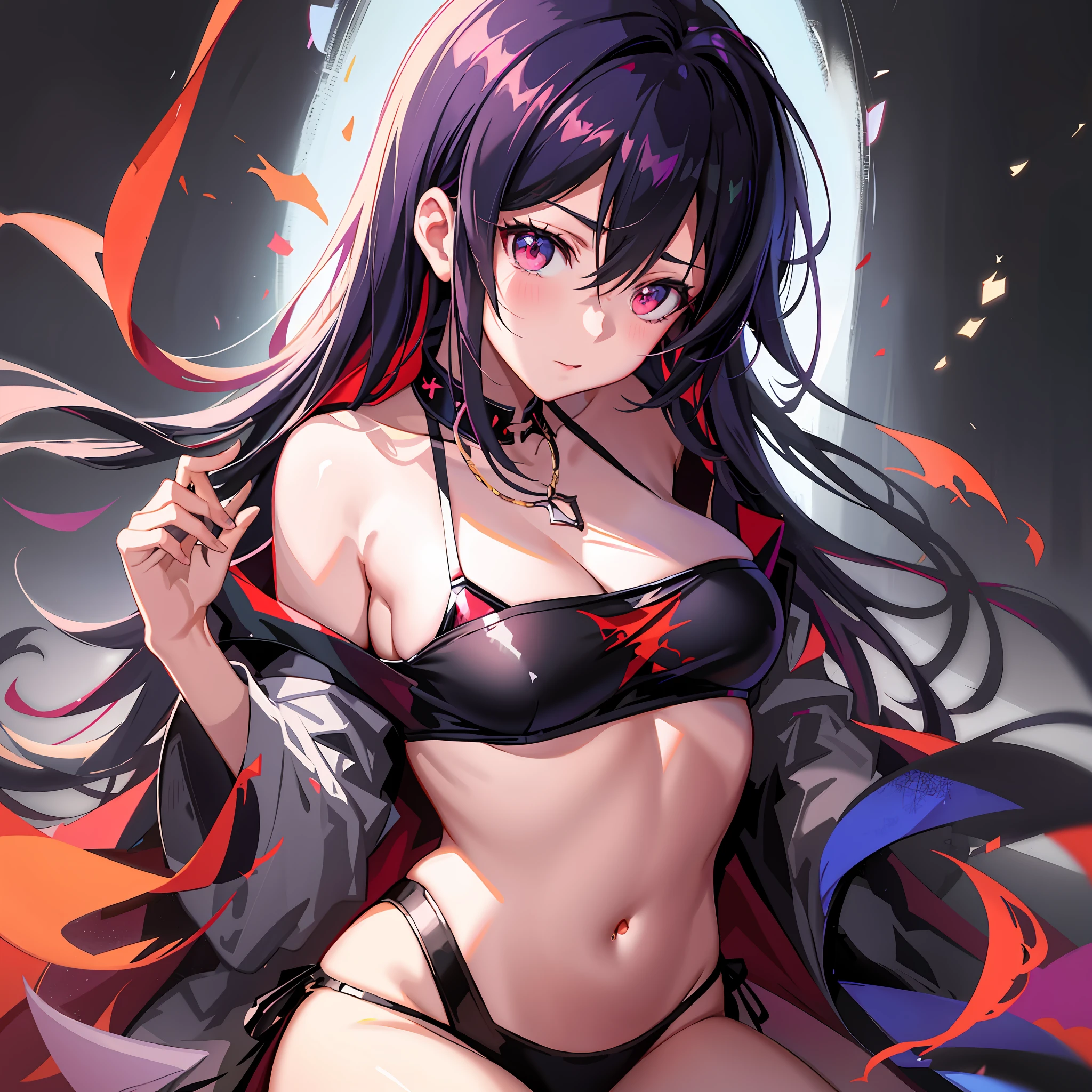 anime girl with long black hair and a black bra top, seductive anime girl, attractive matoi ryuko, anime moe artstyle, demon anime girl, ryuko matoi, badass anime 8 k, anime style 4 k, beautiful alluring anime woman, attractive anime girl, ayaka genshin impact, best anime 4k konachan wallpaper, beautiful anime girl