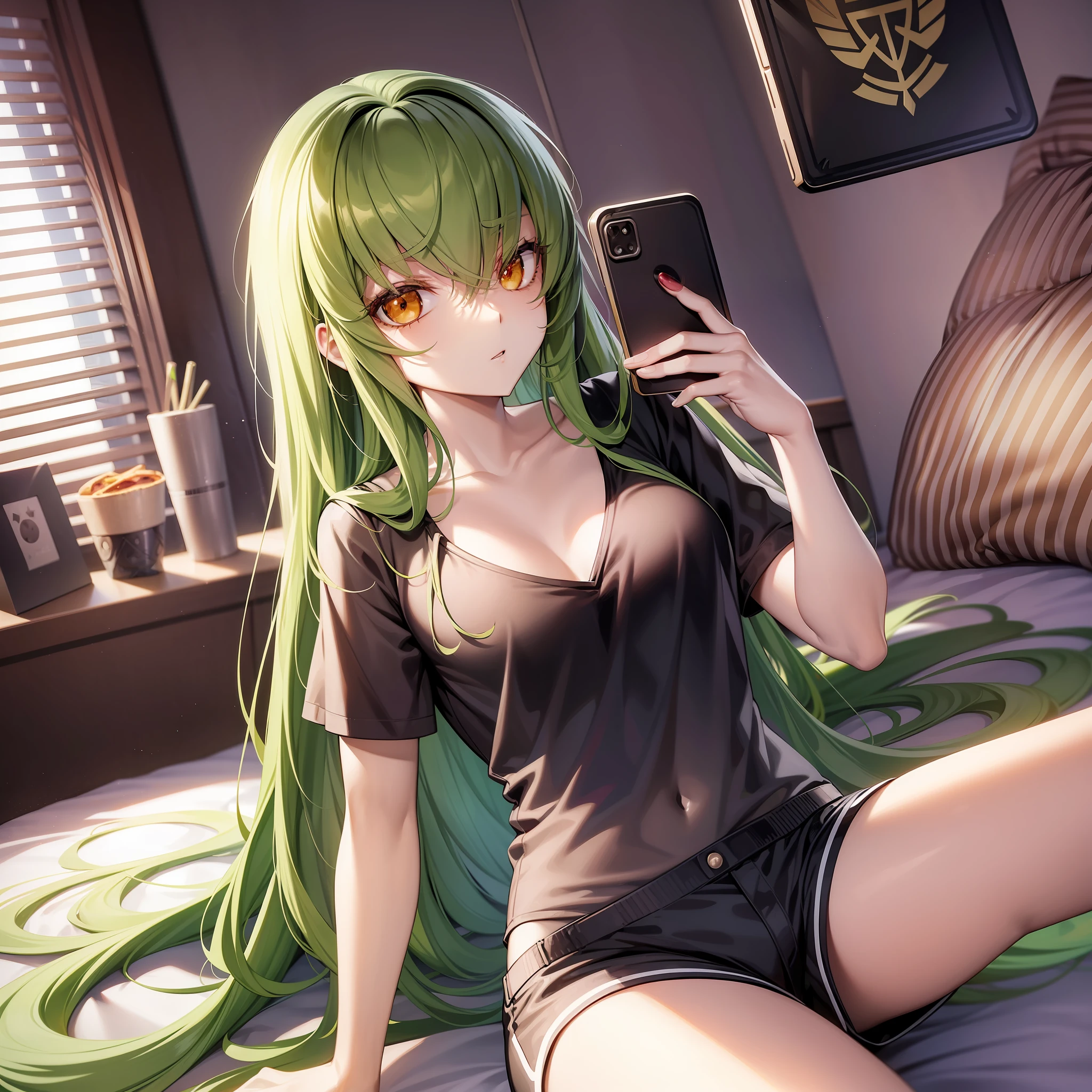 CC character, code geass, long green hair, falling over shoulder, sitting on the bed, t-shirt and shorts very short, perfect body, pizza plush in lap, masterpiece, 8k, selfie, pov, expression of shame, perfect face, detailed face, round chest, perfect lighting