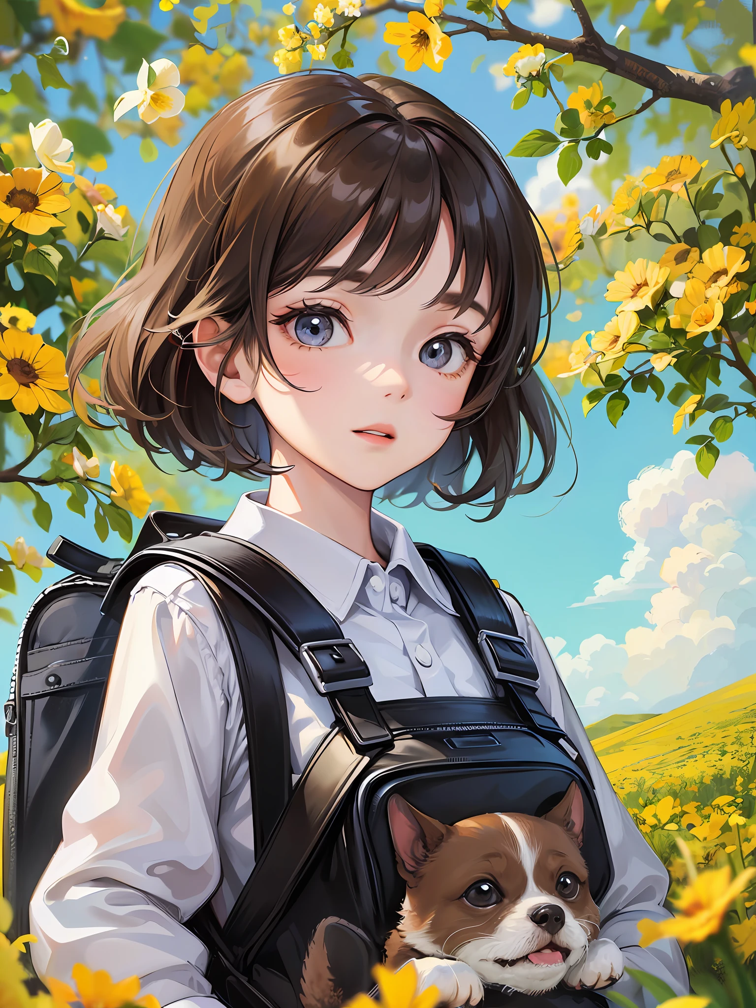 Tip: A very charming with a backpack and her adorable puppy enjoying a lovely spring outing surrounded by beautiful yellow flowers and nature. The illustration is a high-definition illustration in 4K resolution with highly detailed facial features and cartoon-style visuals. --auto --s2
