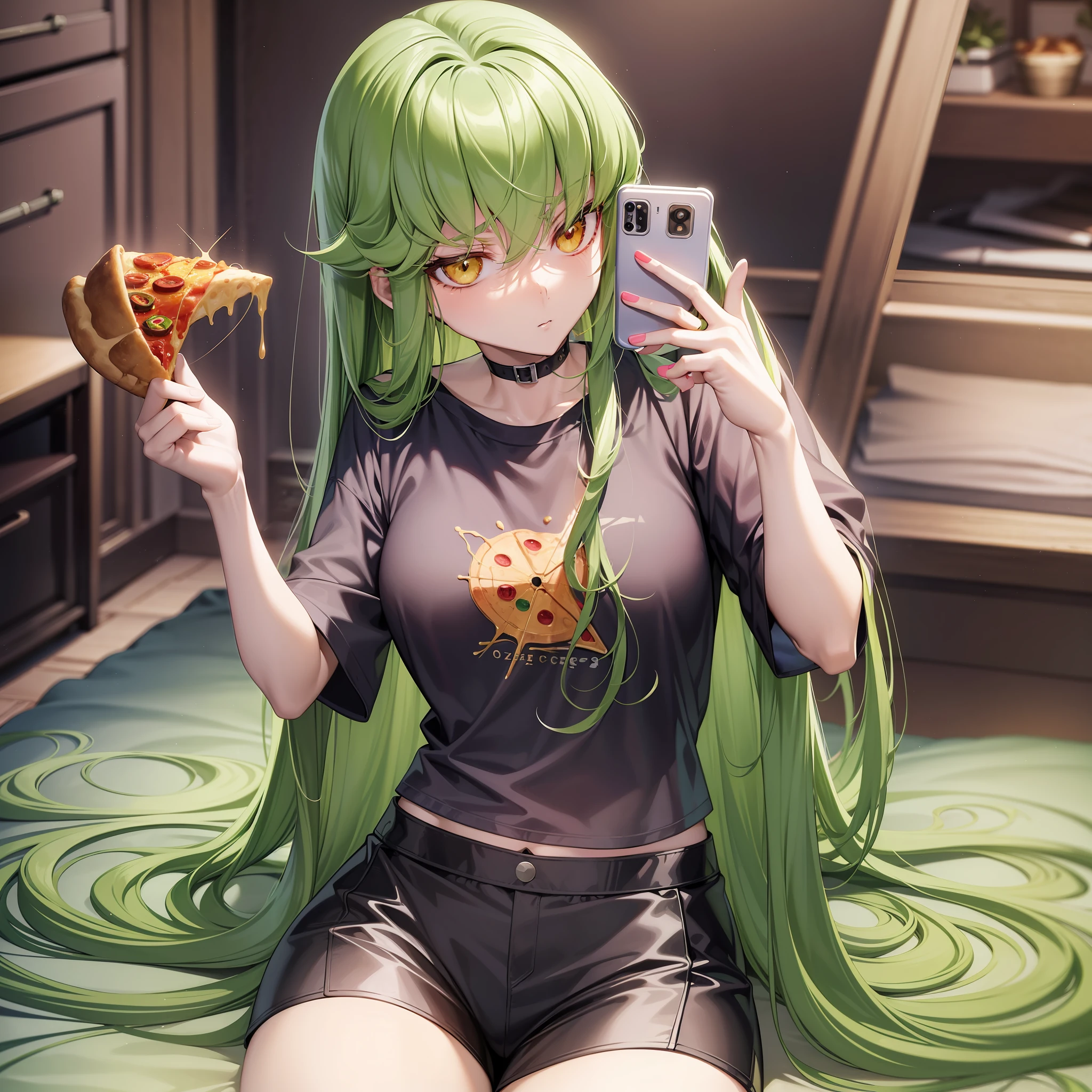 CC character, code geass, long green hair, falling over shoulder, sitting on the bed, t-shirt and shorts very short, perfect body, pizza plush in lap, masterpiece, 8k, selfie, pov, expression of shame, perfect face, detailed face, round chest, perfect lighting