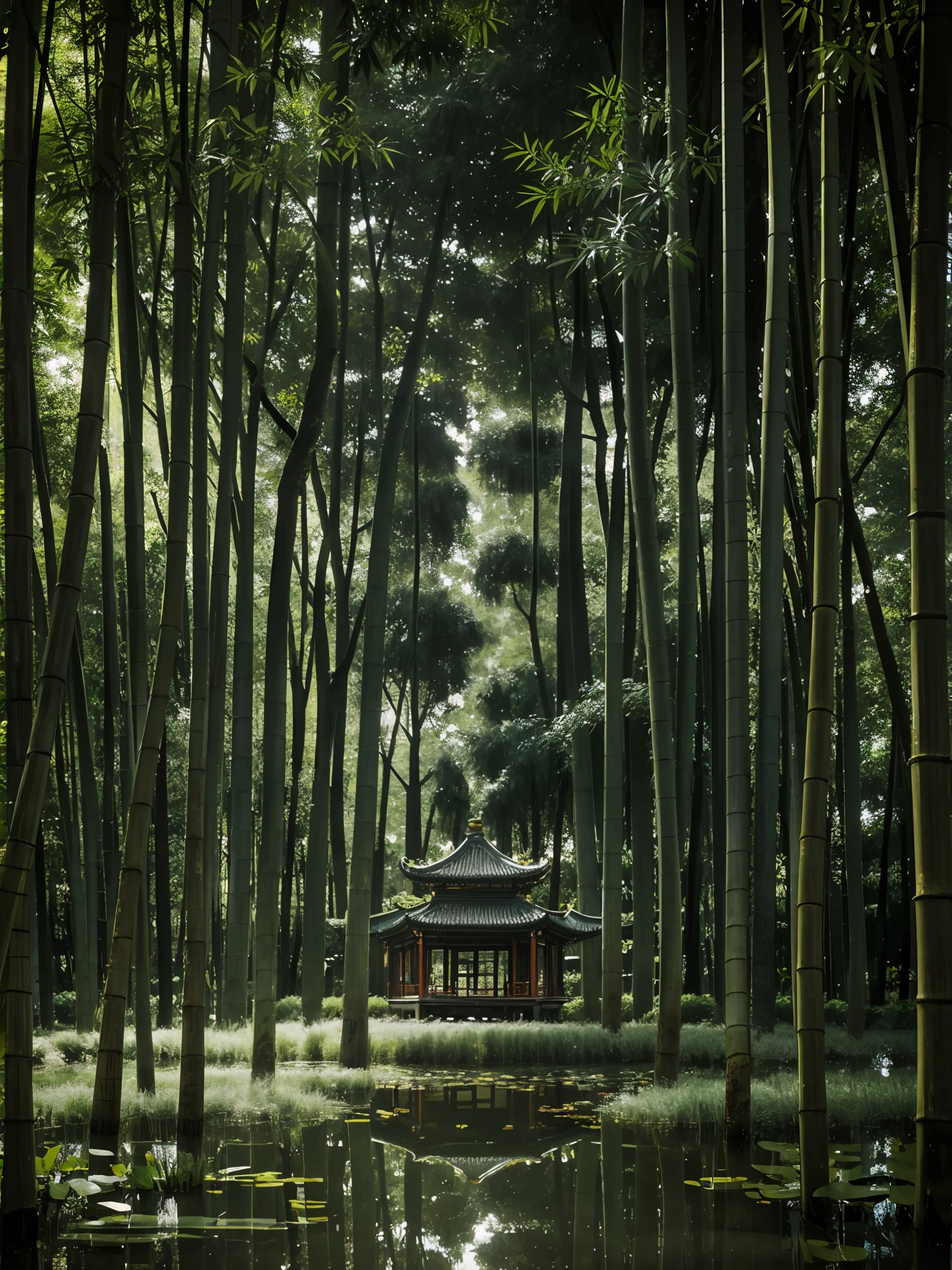 Realism style, photography, nikon, large aperture, mid-range photography, masterpiece, super high quality, gray tone, Chinese pavilion in the pond, Chinese style, bamboo forest background, rainy day, upward perspective, 2/3 of the subject, extreme detail, extreme quality, 4k, dream color, dream light and shadow