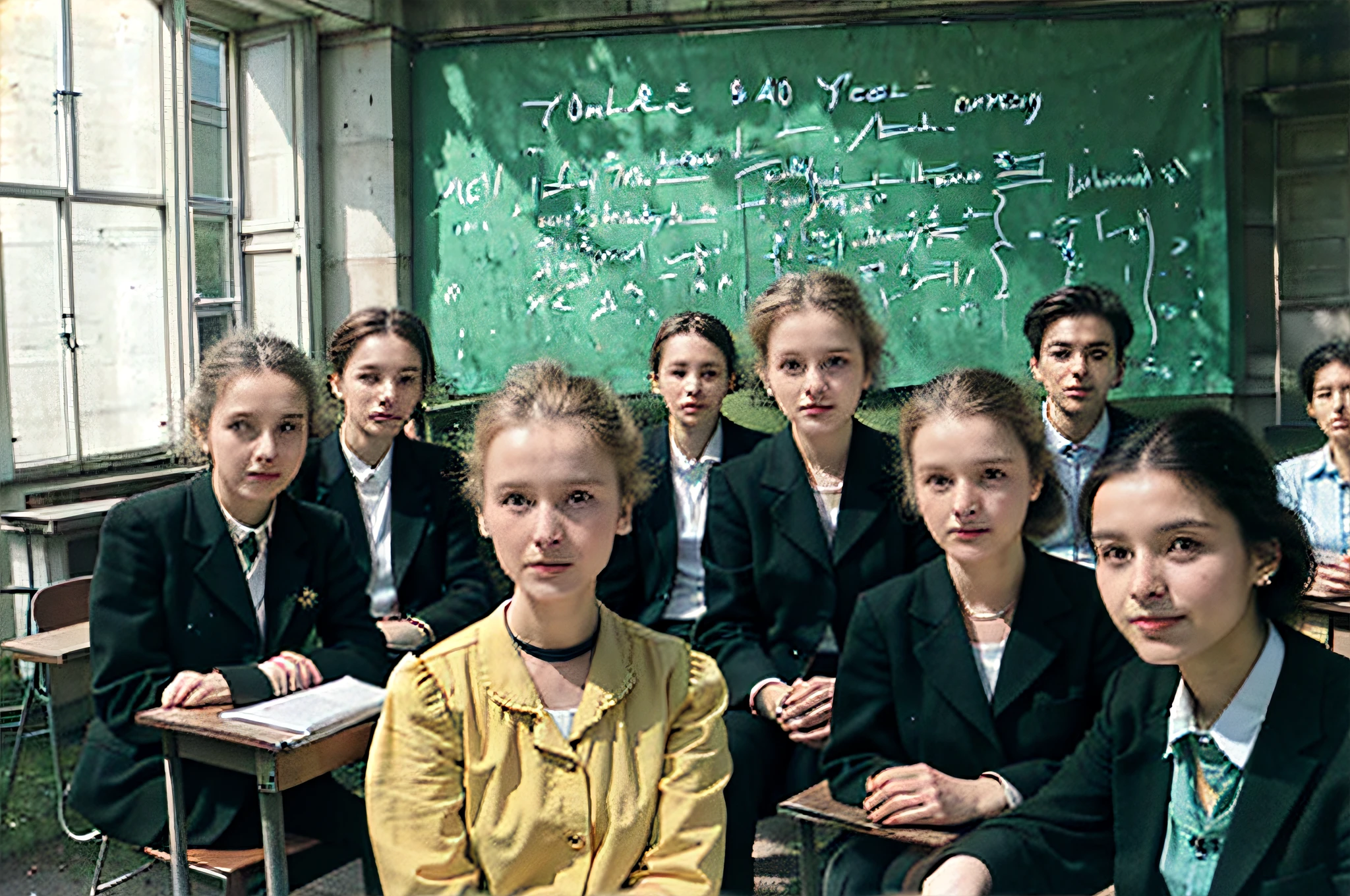 20-year-old Marie Curie in Sorbonne University classroom with other students studying in Paris in 20th century