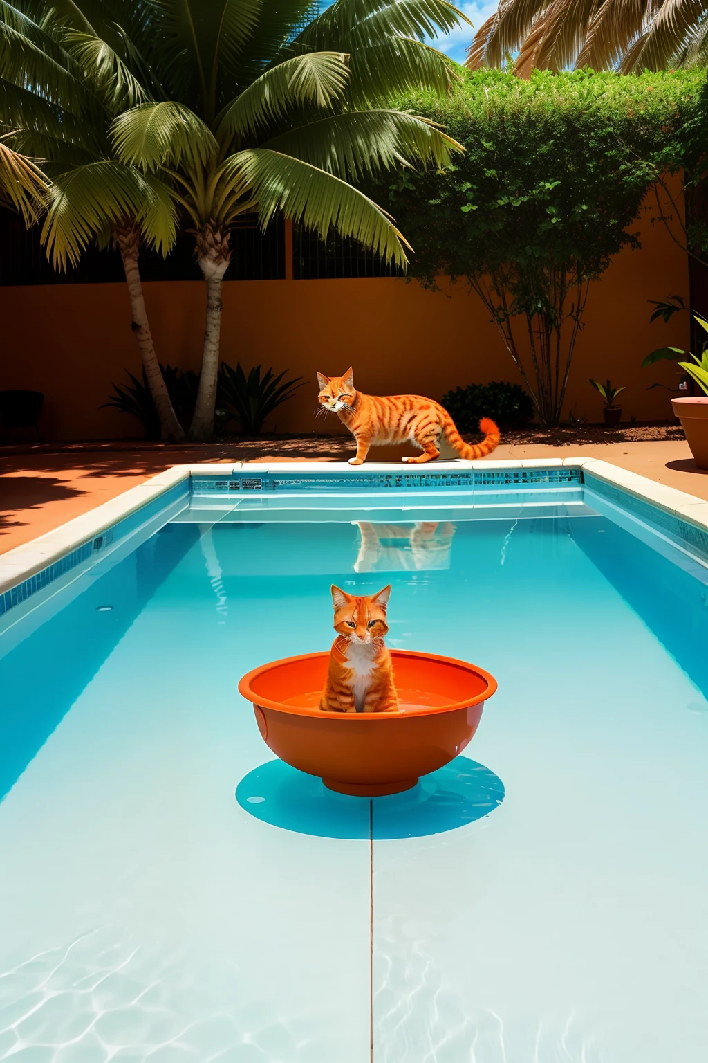 There is an orange cat, very cute, next to a large pool with a bowl in its mouth waiting to be fed