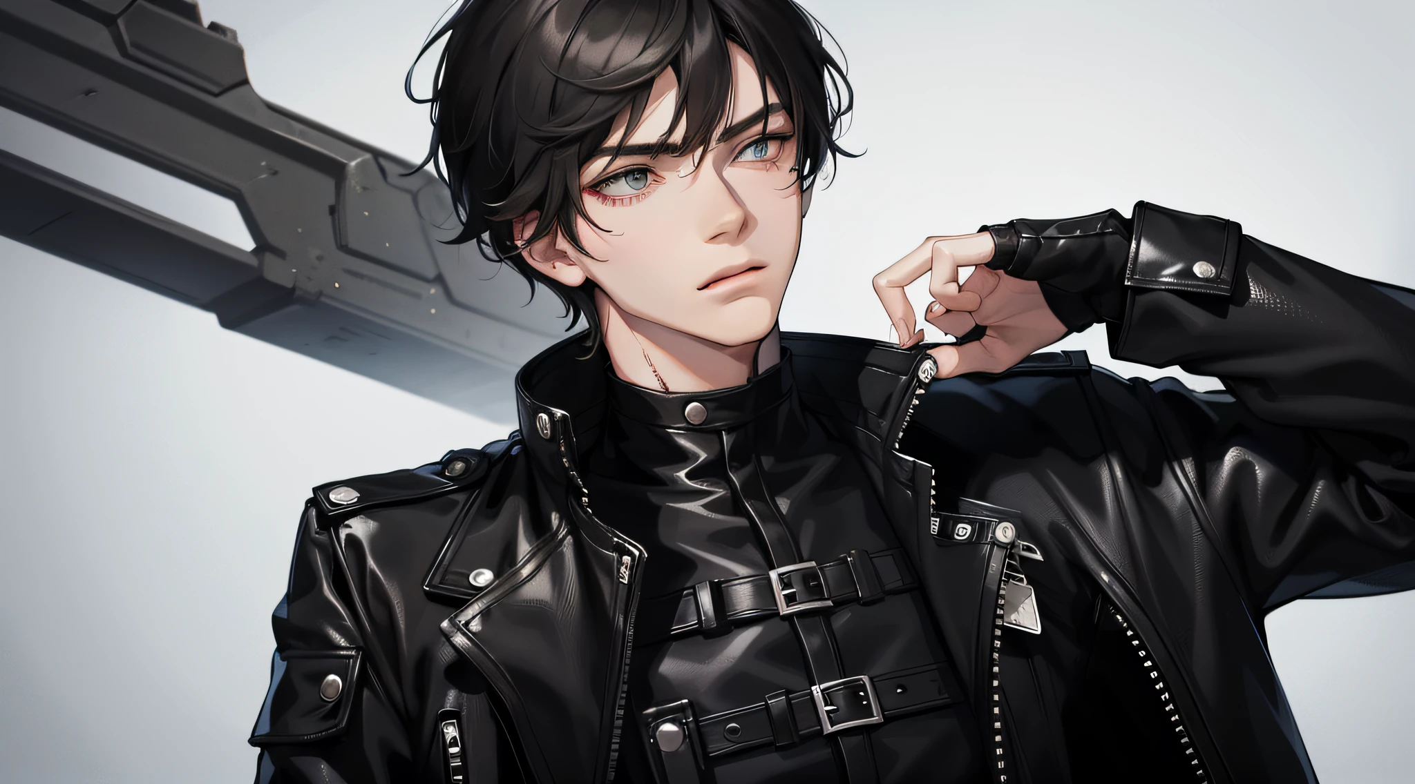 A young man with upper body, straight face, short black hair, black storm jacket, hand supporting chin, looking thoughtful