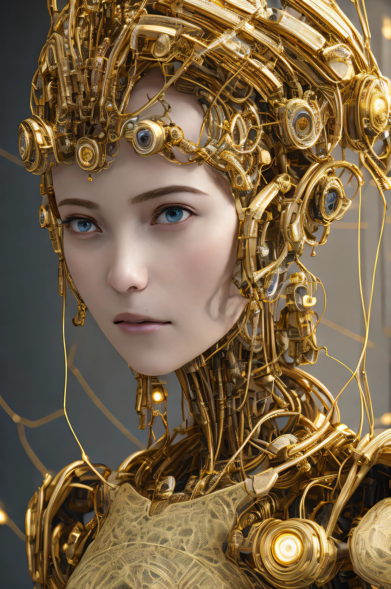 complex 3d render ultra detailed of a beautiful porcelain profile woman android face, cyborg, gold robotic parts, 150 mm, beautiful studio soft light, rim light, vibrant details, luxurious cyberpunk, lace, hyperrealistic, anatomical, facial muscles, cable electric wires, microchip, elegant, beautiful background, octane render, H. R. Giger style, 8k, best quality, masterpiece, illustration, an extremely delicate and beautiful, extremely detailed ,CG ,unity ,wallpaper, (realistic, photo-realistic:1.37),Amazing, finely detail, masterpiece,best quality,official art, extremely detailed CG unity 8k wallpaper, absurdres, incredibly absurdres, , robot, gold halmet, (full body:1.5), sitting