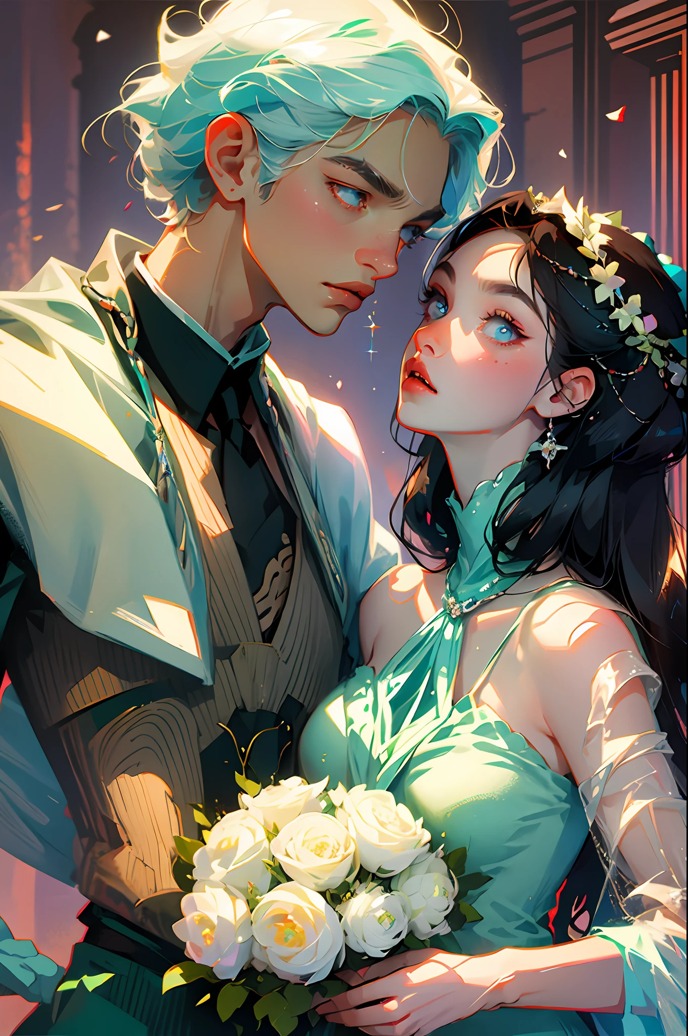 Anime couple, wedding, man with black hair and green eyes, woman with white hair and light blue eyes, royalty, nobility, princess, elegant, kiss, bouquet of flowers, high quality, highly detailed