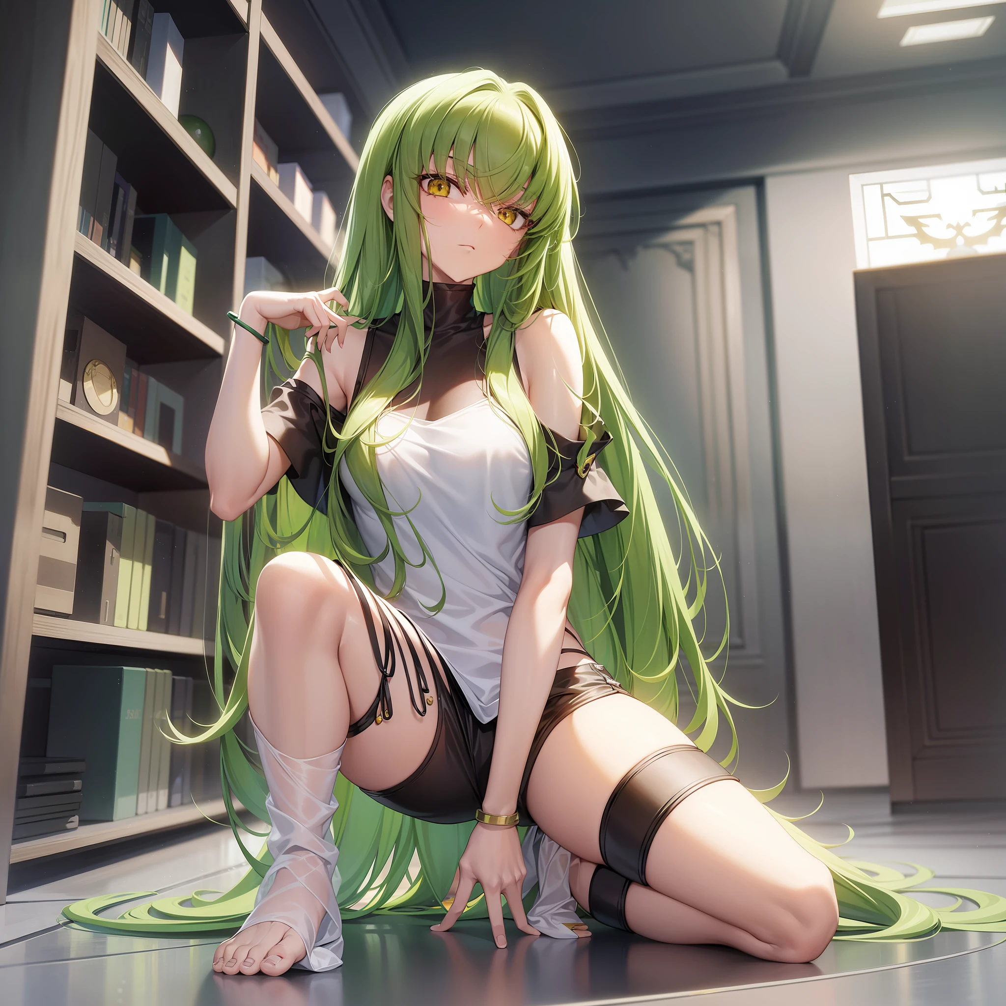 CC character, code geass, green hair, long hair, shoulder dropped, perfect body, white t-shirt and short shorts, full body photo, yellow plush, masterpiece, 8k