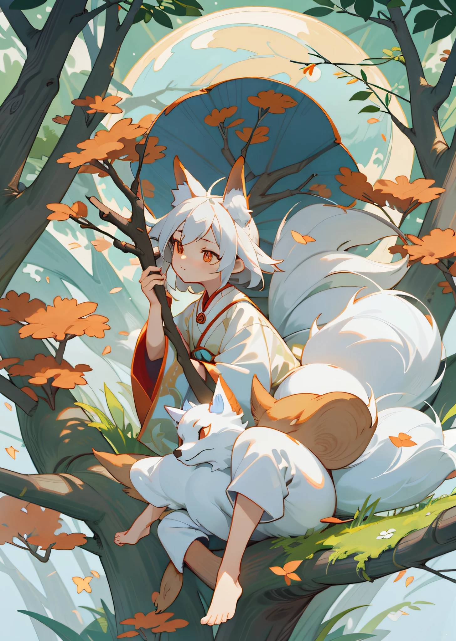 The background is a super large moon, a fox with white hair sitting on a branch under the stars, (: 1.5), Red Clothes, Ethereal Fox, Nine-Tailed Fox, Dreamy, Millennium Fox Demon, Onmyoji Detailed Art, Nine Tails, Beautiful Artwork Illustrations, Mythical Creatures, Foxes, Beautiful Digital Works of Art,