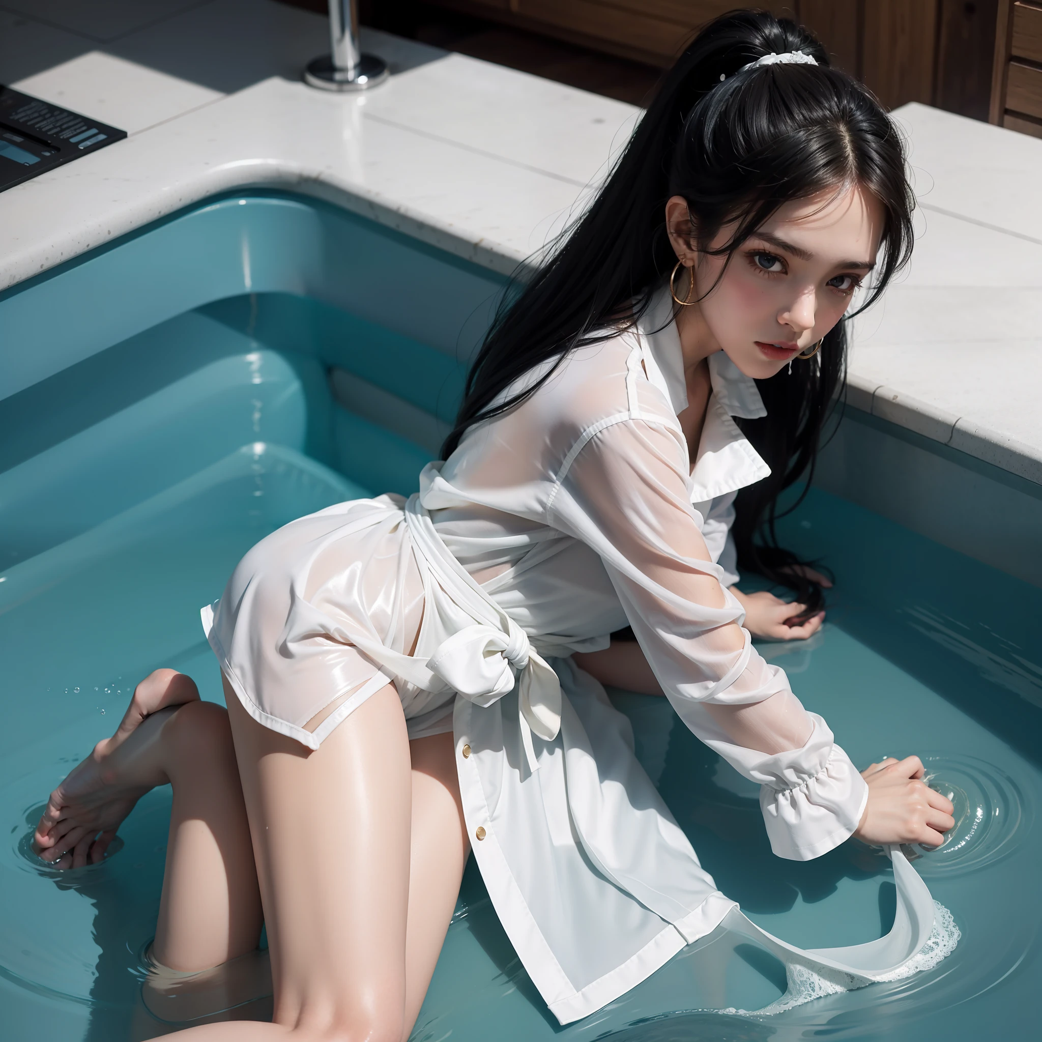 High ponytail, black hair, girly, green eyes, golden earrings, blushing, slightly open mouth, white shirt, black long-sleeved trench coat, black leggings, lace leggings, the whole body is soaked in blue viscous liquid, clothes are dissolved, legs are slightly open, the bottom is filled with liquid, very comfortable, clothes dissolve, one hand pinches his chest