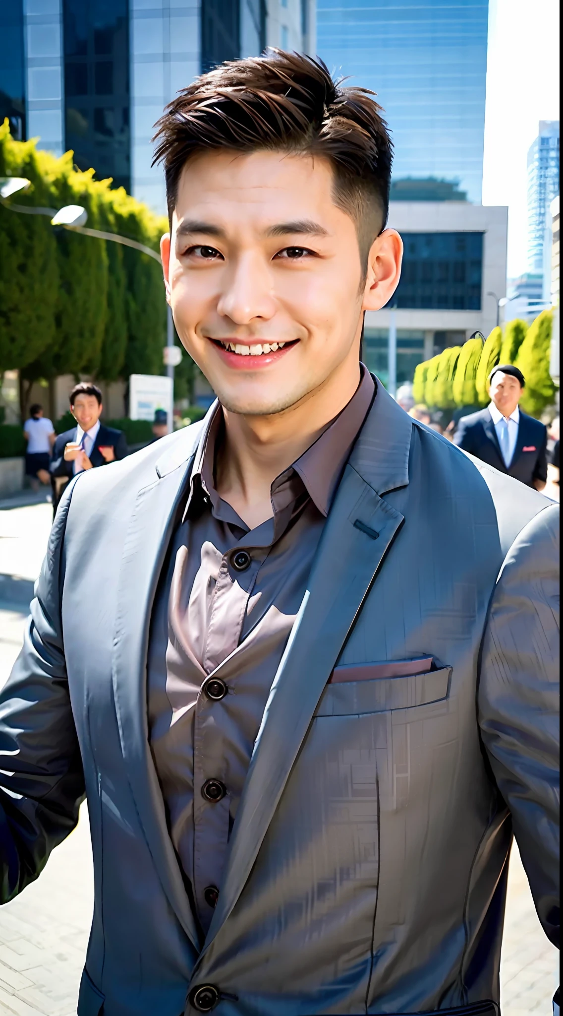 1boy, 35 years old Chinese male, (male:1.5), grey eyes, squint, (very short hair: 1.3), under_cut, ((shirt)), ((suit)), (handsome, sharp) , smile,))), (stout muscles), (stout physique), SFW, outdoors, detailed background, modern city,