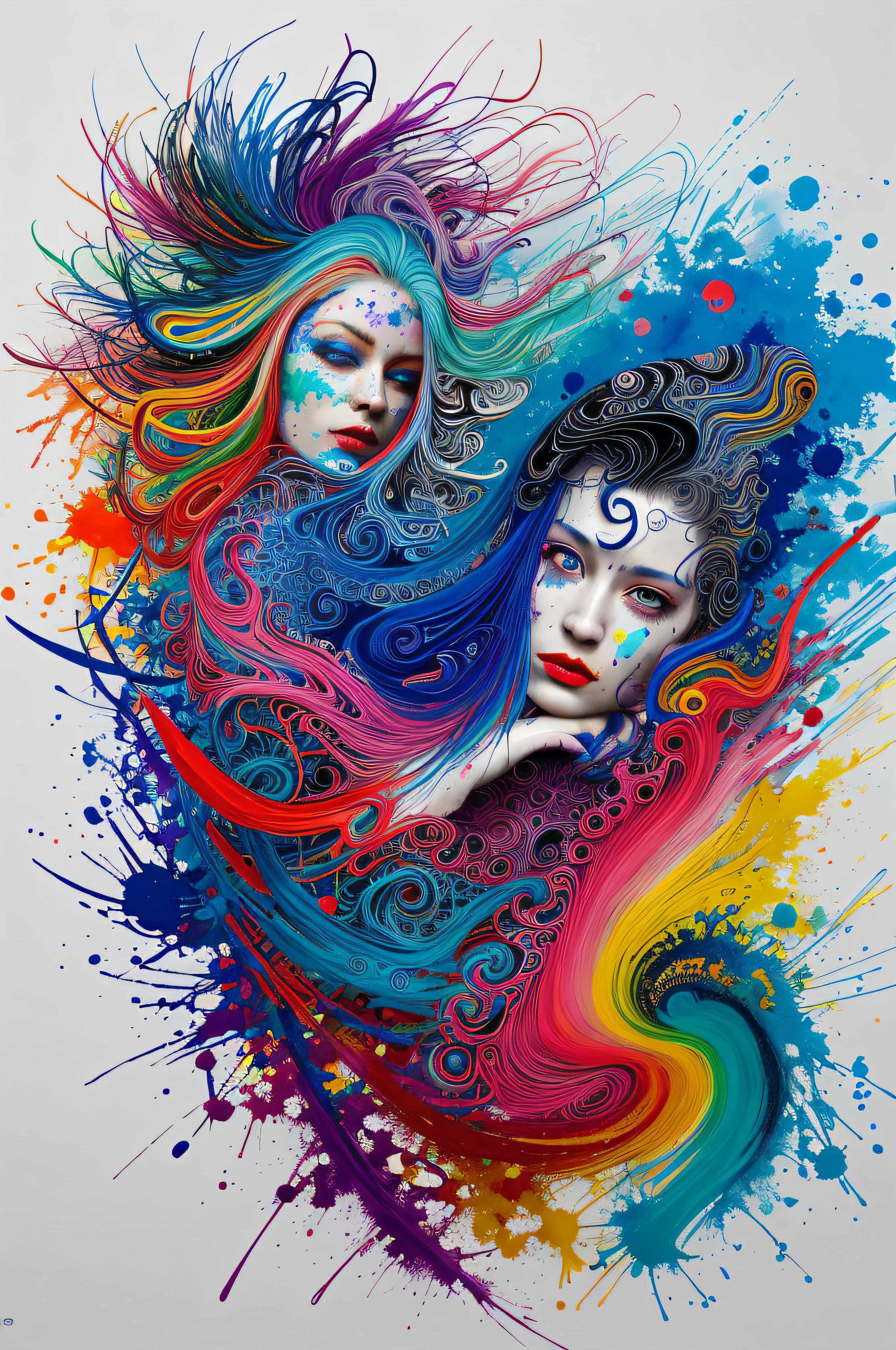 a woman with blue hair wearing a colorful outfit and a colorful background with paint splatters on it, by Hirohiko Araki,official art, unity 8k wallpaper, ultra detailed, beautiful and aesthetic, masterpiece, best quality, (zentangle, mandala, tangle, entangle), 1girl, extremely detailed, dynamic angle, cowboyshot, the most beautiful form of chaos, elegant, a brutalist designed, vivid colours, romanticism, by james jean, roby dwi antono, ross tran, francis bacon, michal mraz, adrian ghenie, petra cortright, gerhard richter, takato yamamoto, ashley wood, atmospheric, ??????? of musical notes, streaming musical notes visible