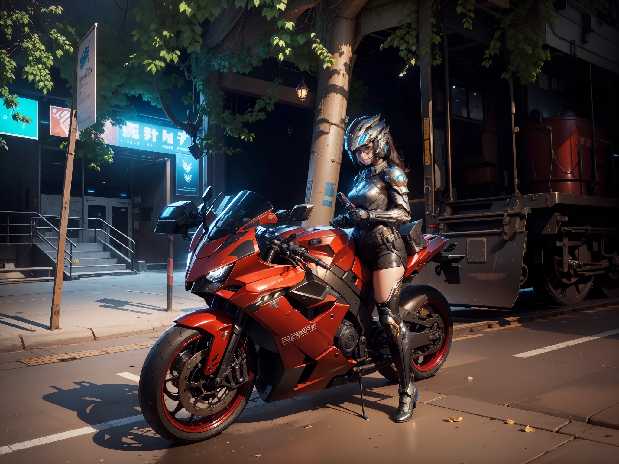 (Masterpiece: 1.2), Best Quality, High Score Rate, Uniform 8k Wallpaper, (Illustration: 1.0), Beautiful Detailed, Very Detailed, Perfect Lighting, Very Detailed CG, Glow Eyes, Backlight, Armor, Half Mech, Shorts, 1girl, Tattoo on Leg, Warframe, Humanoid Robot, Helmet, Sample Background, Weapon, blue_armor, Looking at the Audience, Solo, Perspective, Red Locomotive, Black Clothes, blue light,