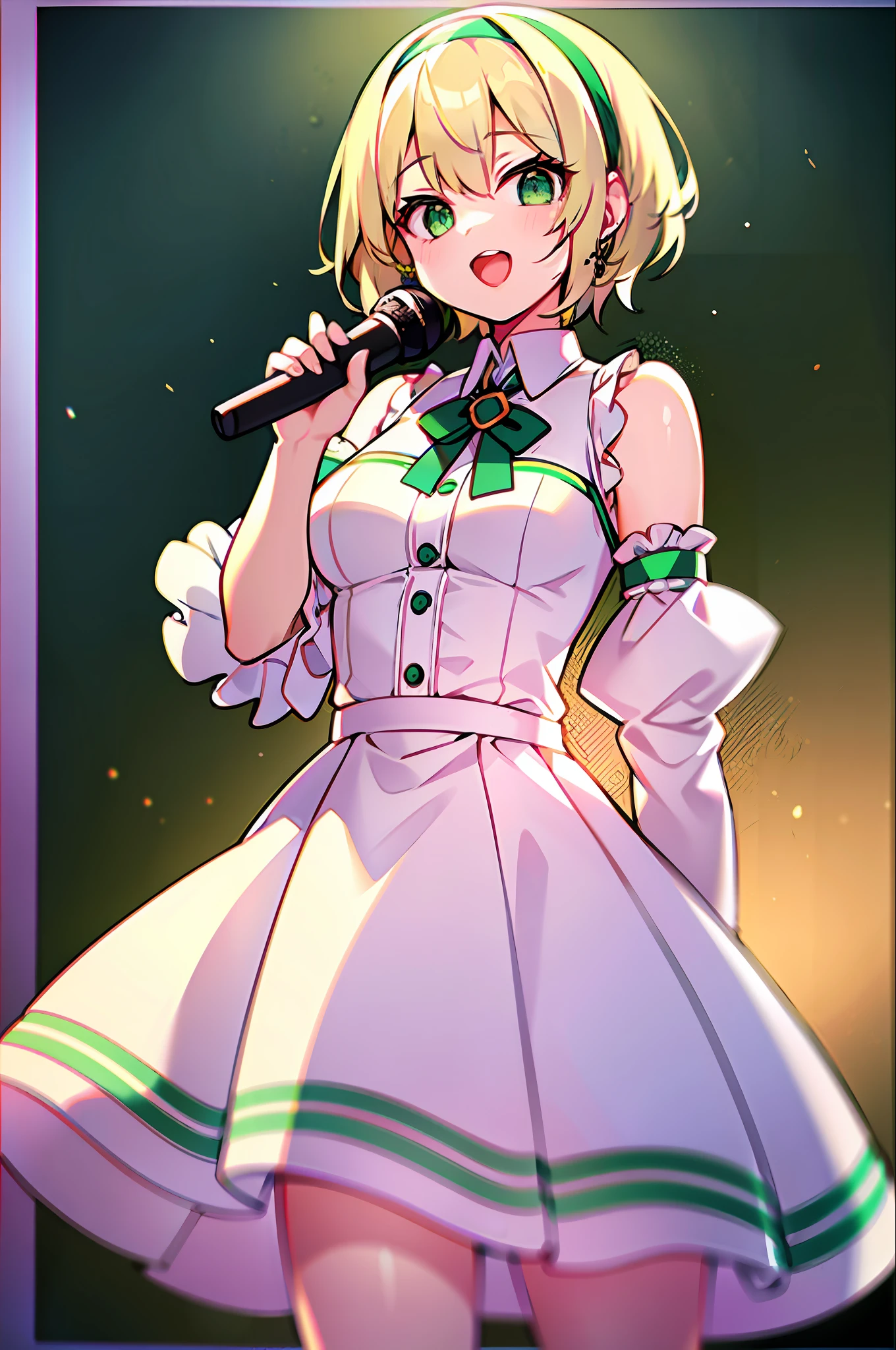Top quality, super high resolution, one girl, with (short hair, blonde hair, light green eyes), toddler figure, (white hair band), idol clothes, microphone