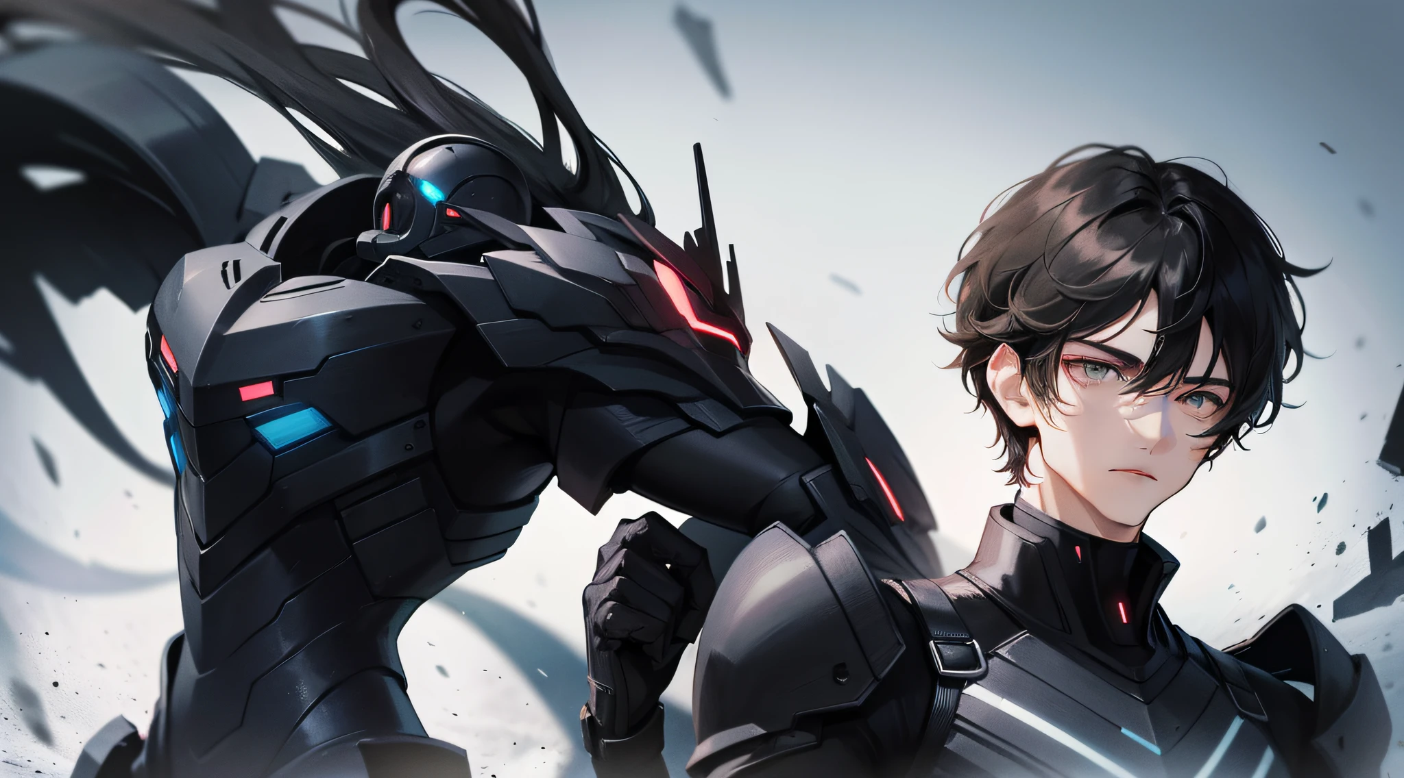 Black-haired young man, upper body, facing forward, hand supporting chin, thinking, black storm suit, expression calm.