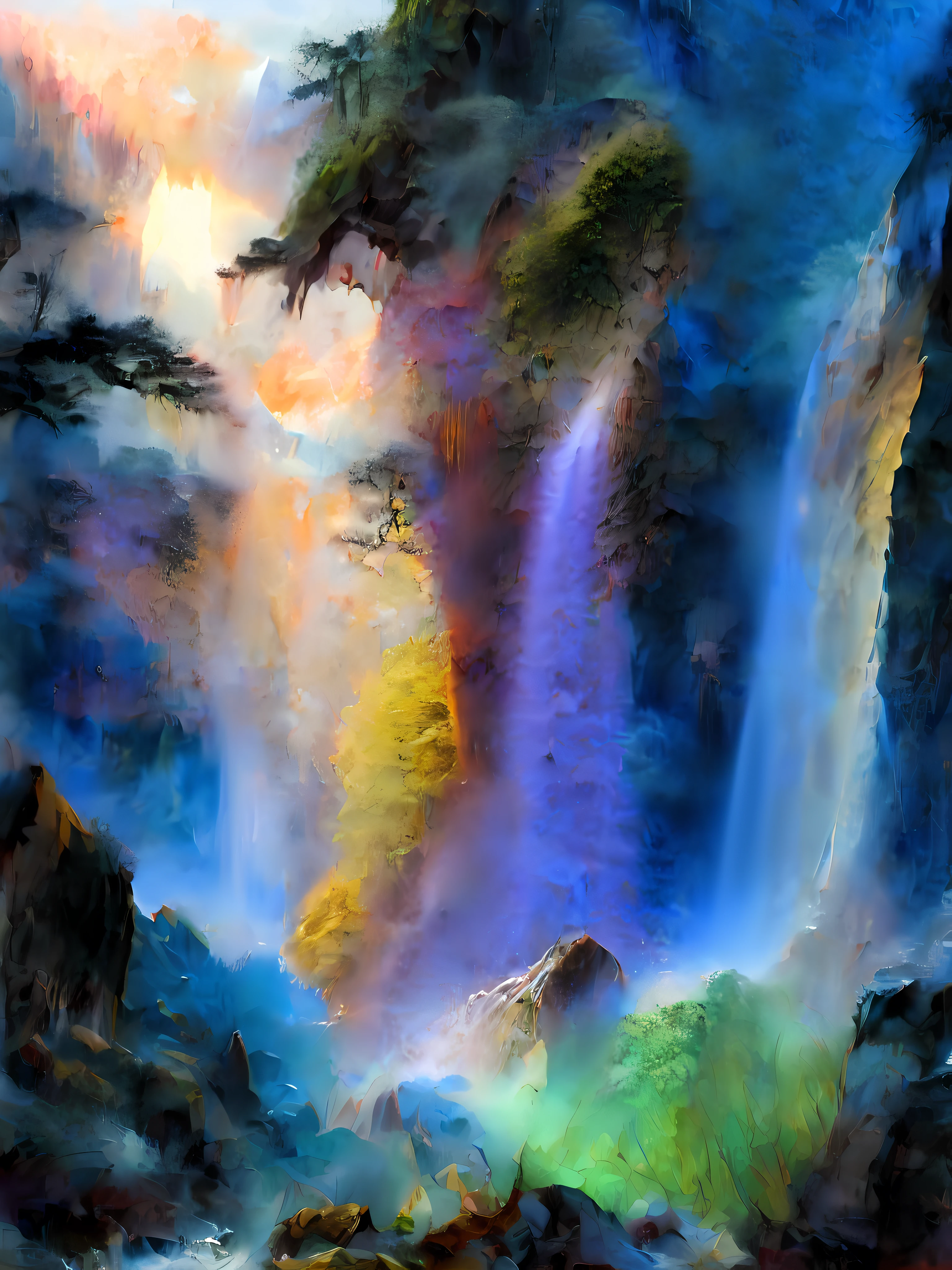 Waterfall, washing to form huge splashes, looming water mist, Buddha light