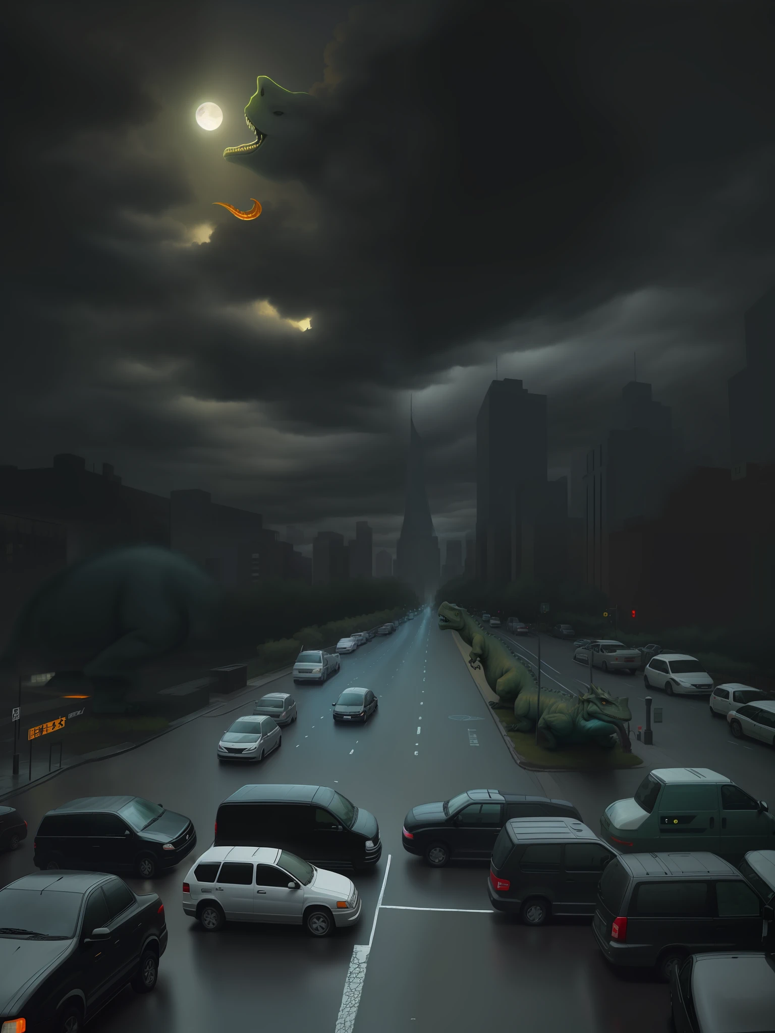 Dinosaur in the city, dark, clouds