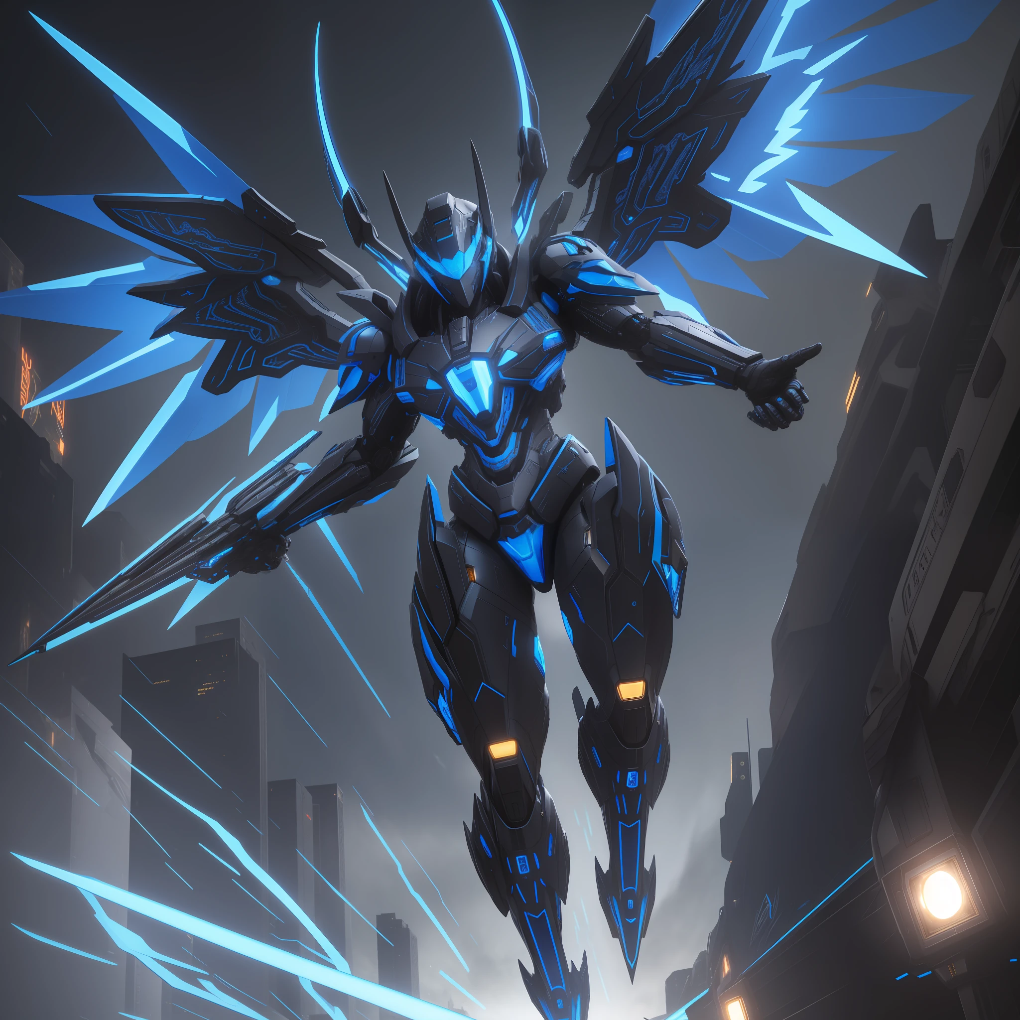 Full body, high maneuverability six-winged angel blue mech, blue eyes, dragon horn, Verism, chiaroscuro, cinematic lighting, backlight, scan line, speed line, UHD, best quality, cyberpunk style blue mech, realism, realism, Unreal engine
