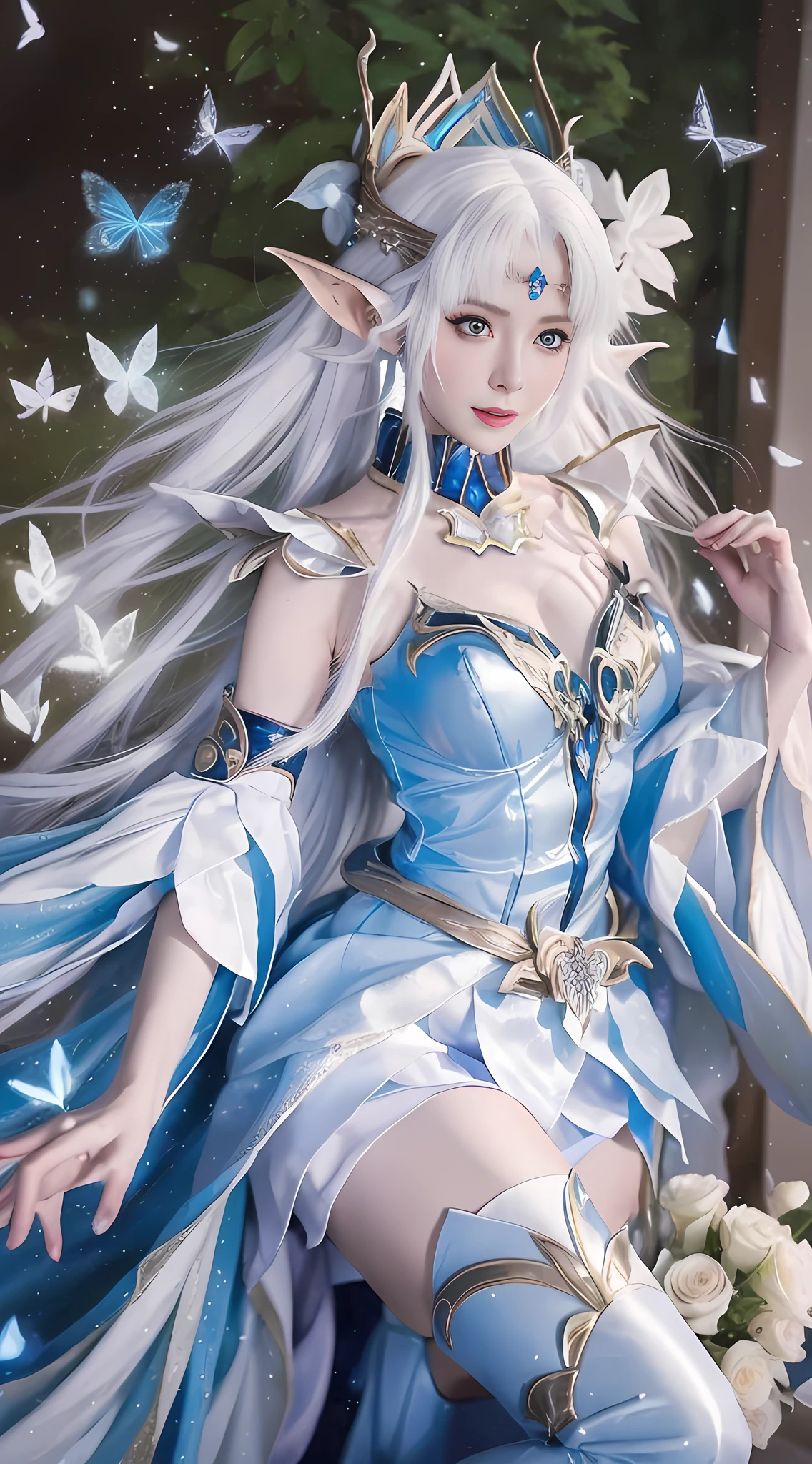 Girl with white hair and blue dress holding bouquet, beautiful celestial mage, beautiful character painting, extremely detailed art germ, beautiful and elegant elf queen, 8k high quality detail art, WLOP Rossdraws, fantasy art style, anime fantasy illustration, by Yang J, best art station by fan art, detailed fantasy art, wlop and rossdraws, butterfly flying, dancing