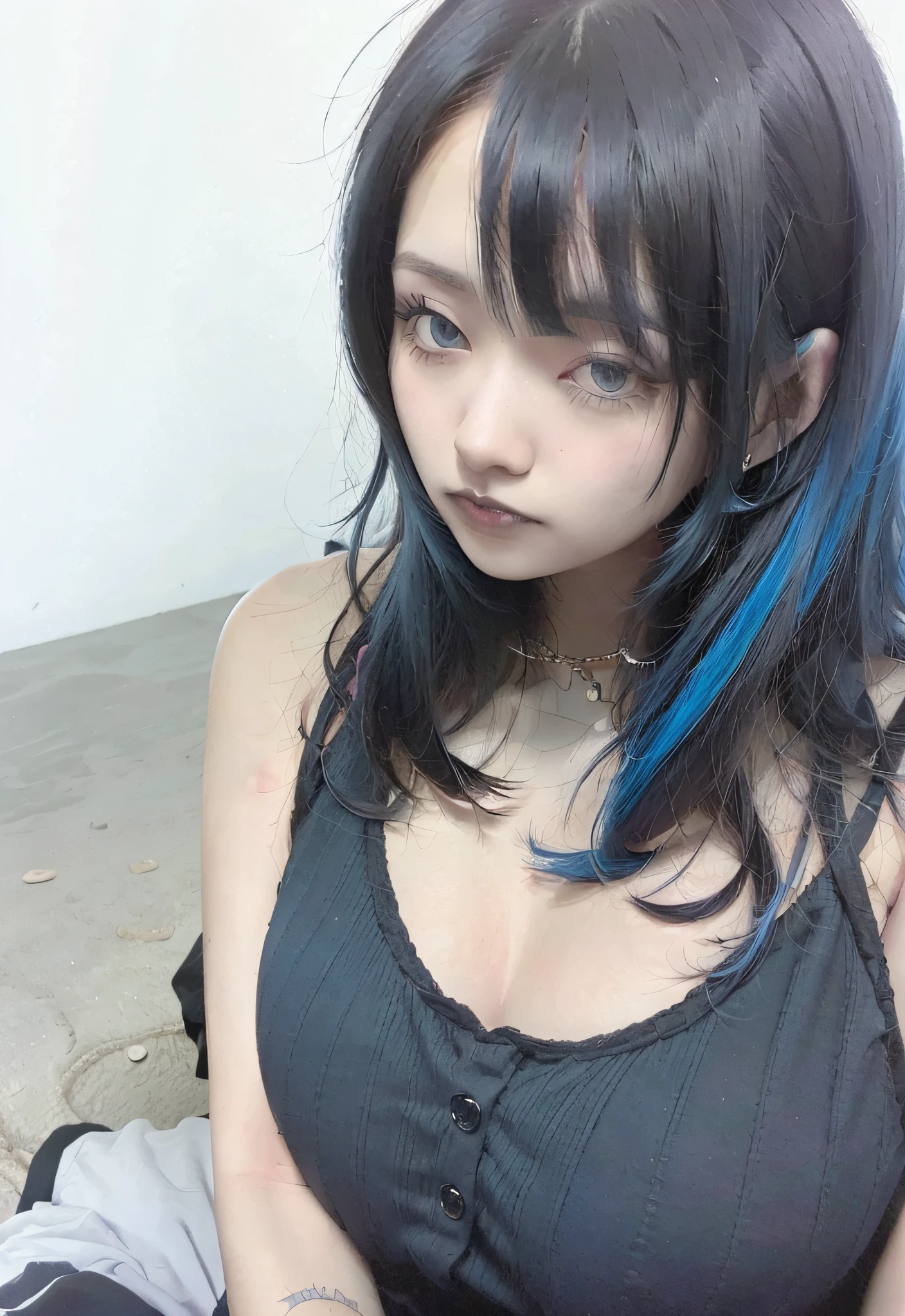 There is a woman sitting on the beach holding a cell phone, short hair, black, black hair, black hair, blue black, blue hair, black blue blue, saki michan, blue hair, hair black bangs hair, black hair, 8K)), white bangs black hair, sexy: 8, long hair