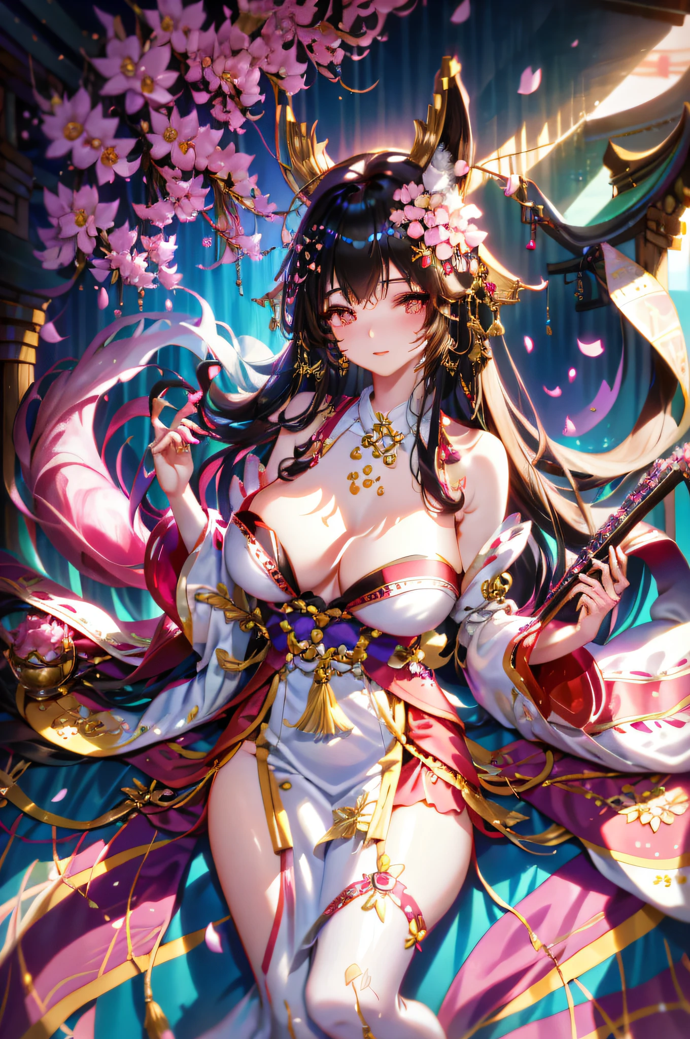 yae miko, 1girl, \n/, animal ears, bare shoulders, blush, breasts, cherry blossoms, closed mouth, detached sleeves, earrings, flower, fox ears, gem, hair between eyes, hair ornament, hand up, japanese clothes, jewelry, kimono, long hair, looking at viewer, medium breasts, miko, nontraditional miko, pink eyes, pink flower, pink hair, purple gemstone, short kimono, sidelocks, smile, solo, upper body, white kimono, ((masterpiece))