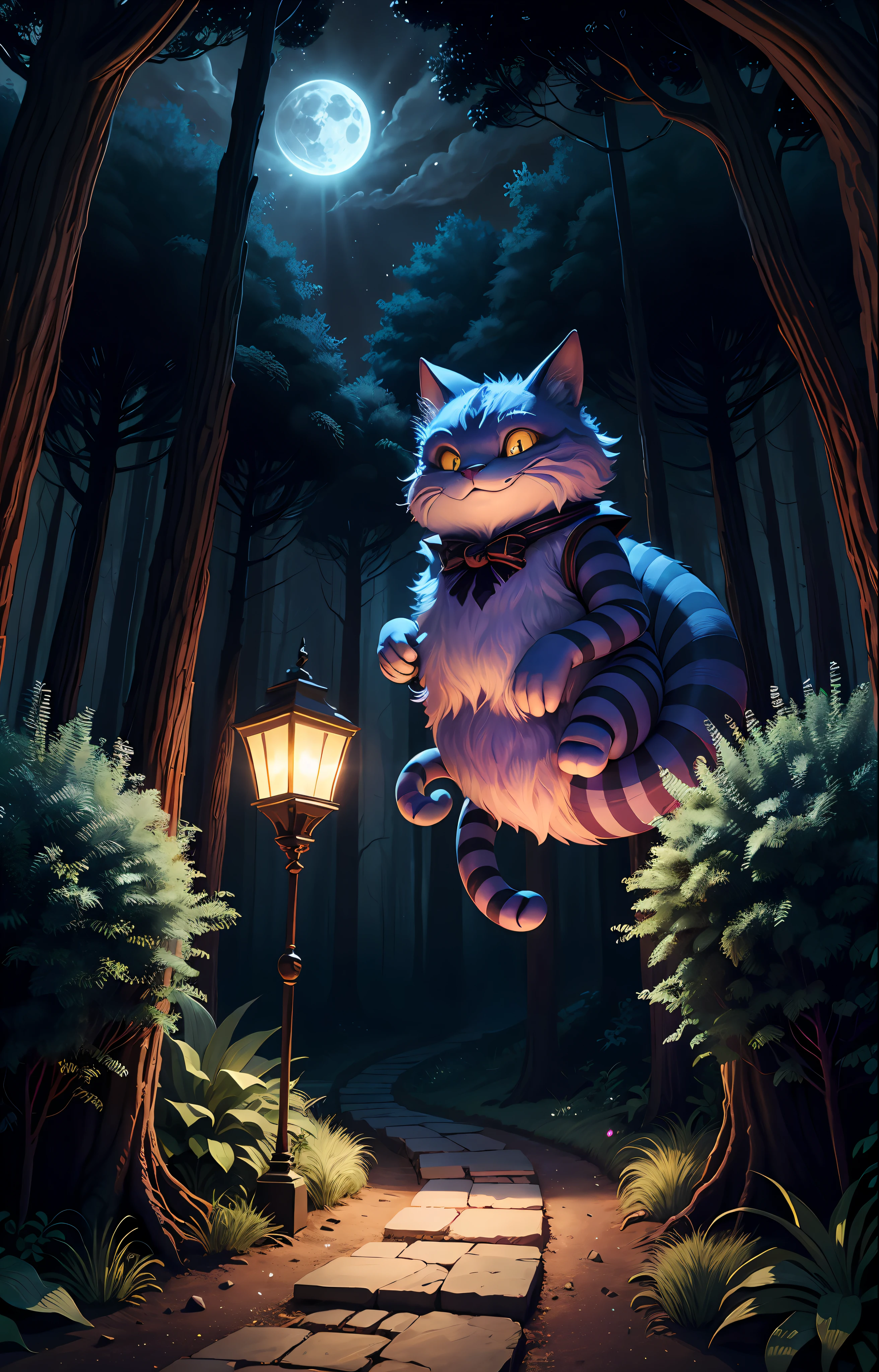 "Cheshire cat from alice from wonderland, appearing realistically, in a fantasy forest setting, at night with moonlights coming out of the forest, detailed and impressive."
