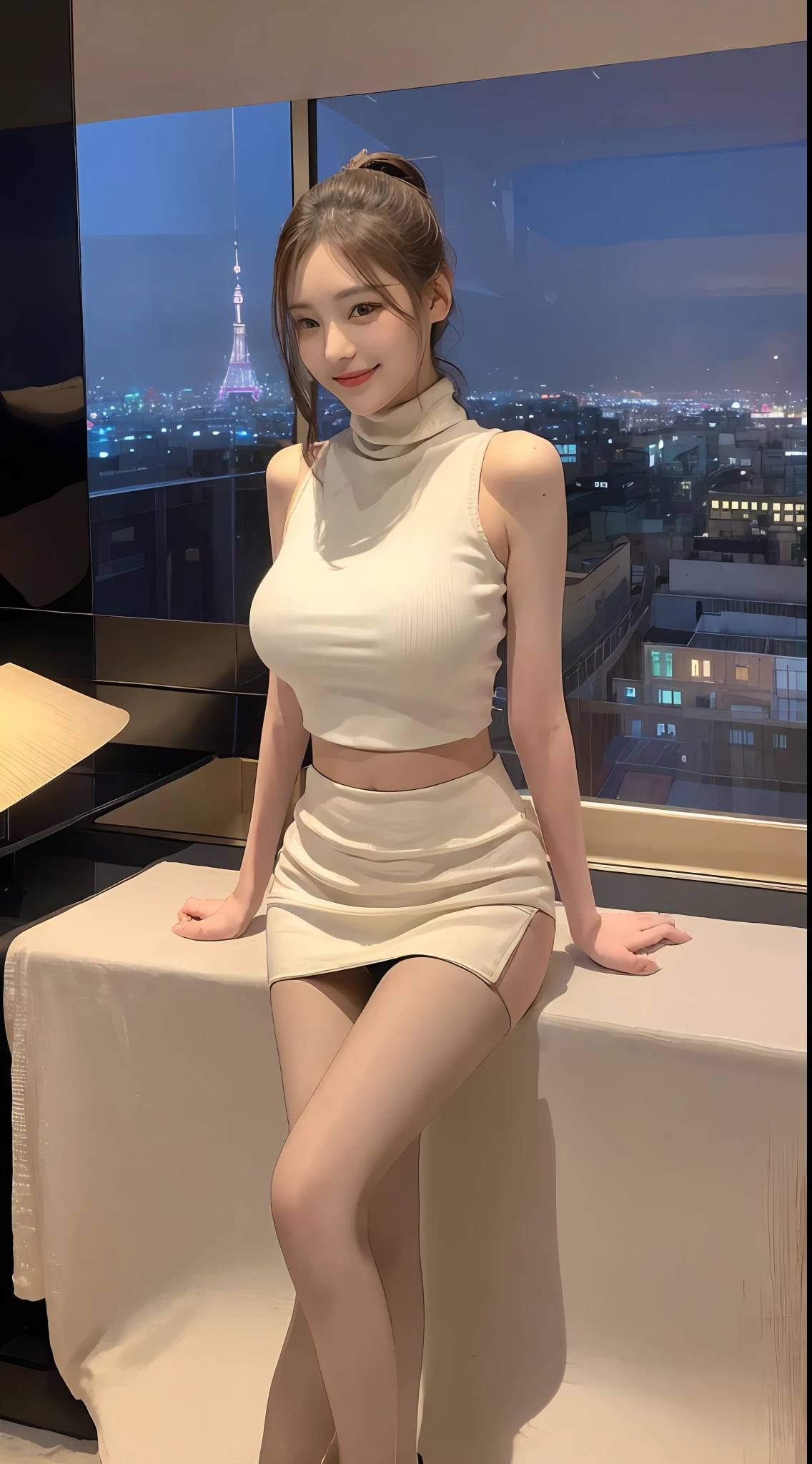 ((Top Quality, 8k, Masterpiece: 1.3)), turtleneck, mini skirt, city, hotel with view of Tokyo Tower, Korean beauty, Taiwanese beauty, big breasts, smile,