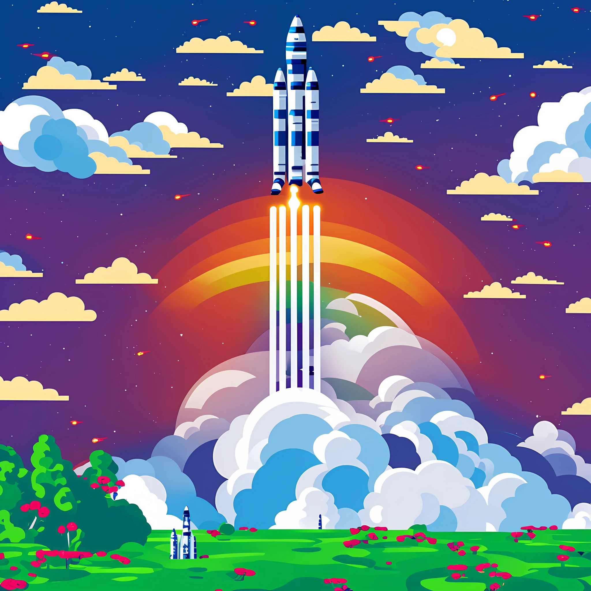 A rocket that was just being launched. In the picture, there are only lawns, sky, and clouds. Pixel Style --auto --s2