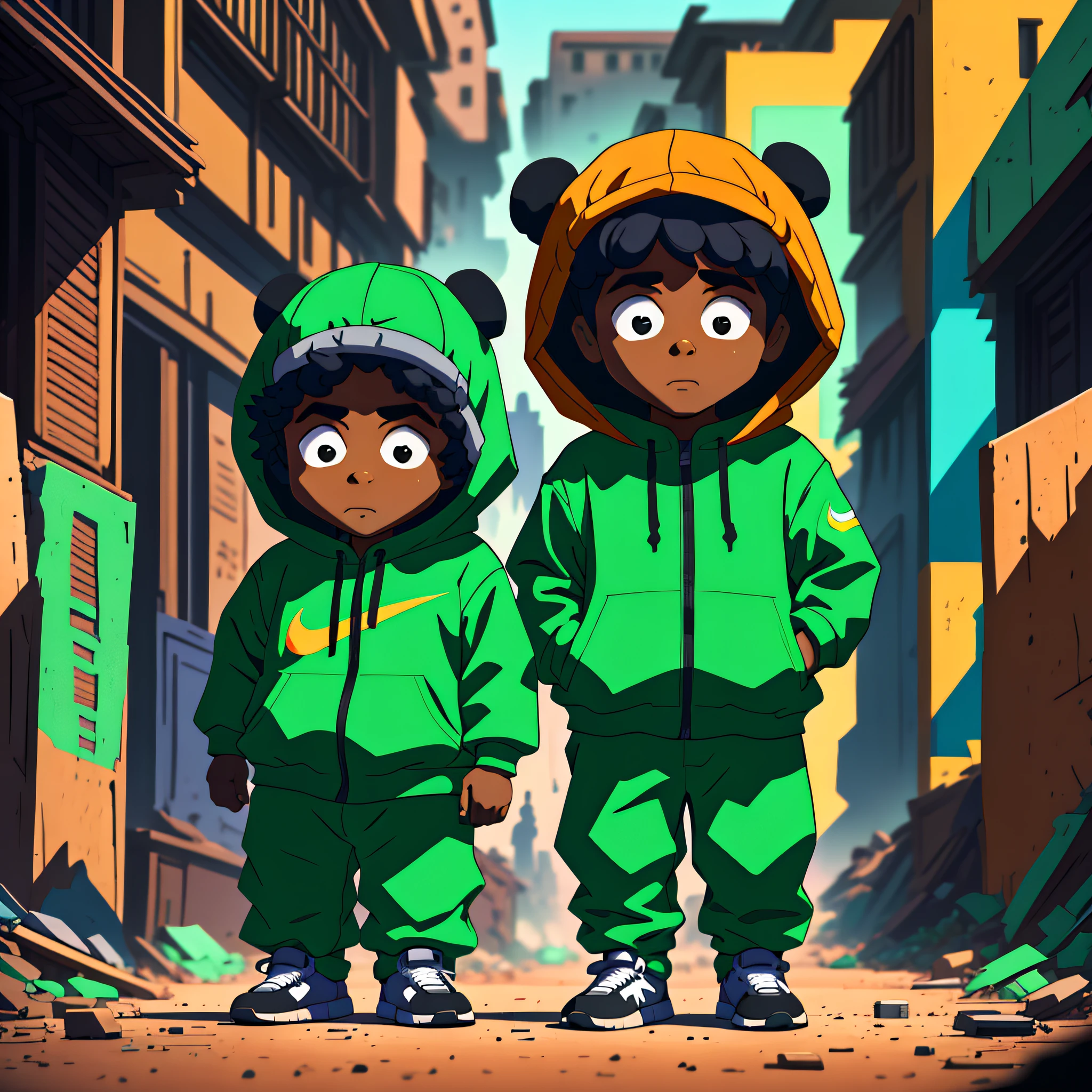 2 black Southpark-style characters in a slum, wearing Nike clothes and using pistols --auto --s2