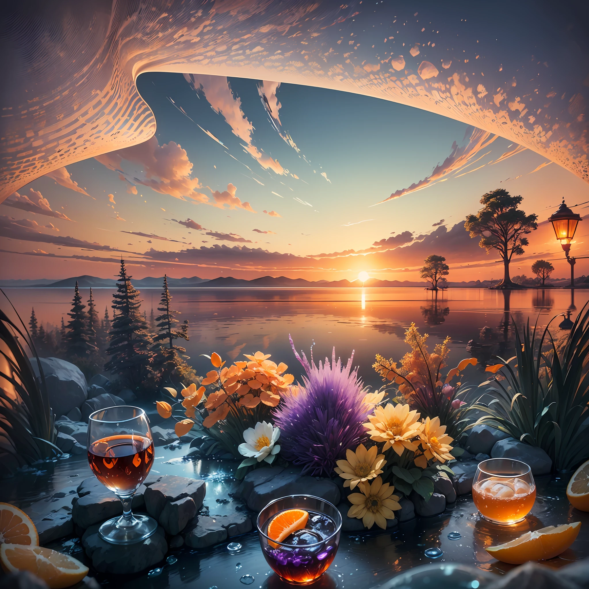 Computer Rendered Graphics, Realistic Fantasy, Extensive Landscape Ultrasound Photography (general view showing glass glass, water, ice, oranges, ), blurred background, gloomy, yellow, orange, purple background, pink, warm, magic, "Hyper-realistic textures," "Precise details," "Realistic still life," "Realistic portraits," "Realistic landscapes." --auto --s2