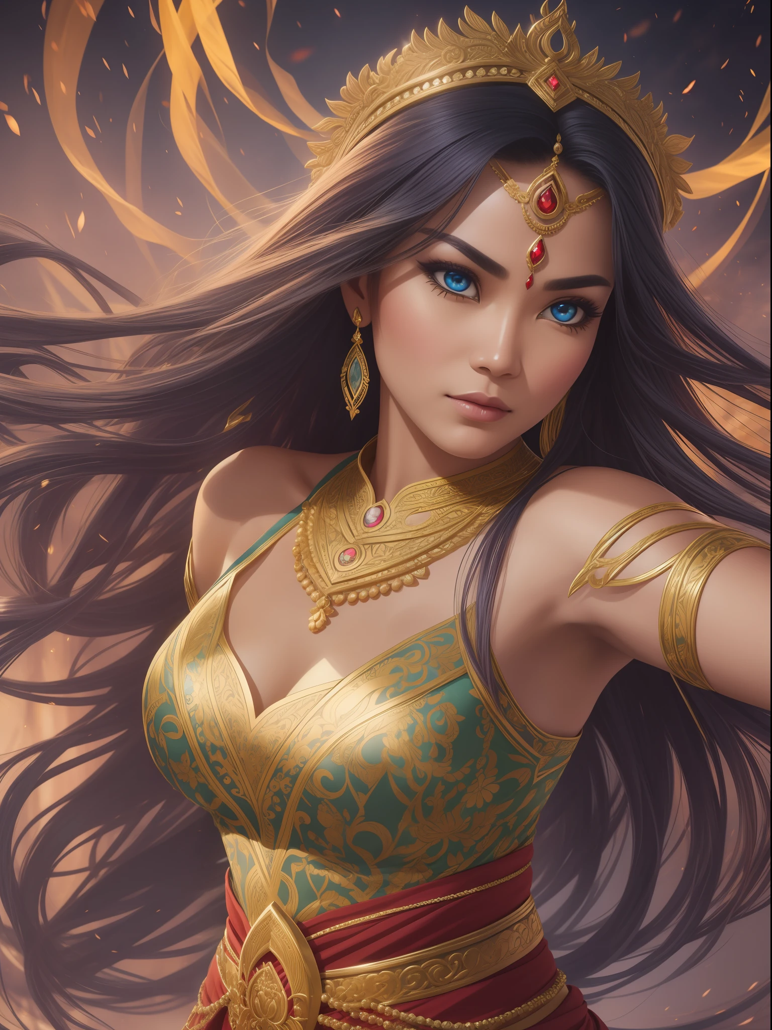 "A stunning photorealistic image portraying Sri Asih, a beloved character superhero from the Bumi Langit cinema, Female superhero character who is good at martial arts, has supernatural powers. known for her grace and elegance. This photorealistic rendering captures her enchanting presence, depicting her in a traditional Javanese costume, adorned with intricate details. The image showcases her serene expression, captivating eyes, and flowing hair. The lighting accentuates her beauty, creating a sense of mystique and allure.
Type of Image: Photograph
Art Styles: cinema photography
Camera: High-resolution DSLR
Lens: Portrait lens
View: Dynamic pose
Lighting: Soft and flattering lighting to enhance her features and convey her enchanting presence
Resolution: 4K
Detail: Highly detailed, capturing the intricate details of her costume, and facial features