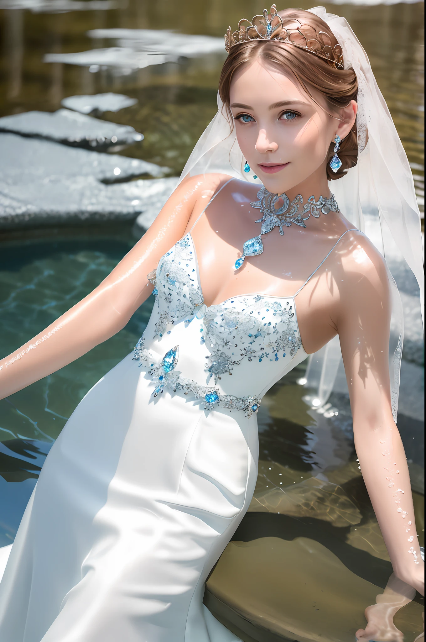 masterpiece, (photorealistic:1.4), best quality, beautiful lighting, water splash, outdoors, upper body, 1 girl, natural beautiful female, slender woman, ((small breasts)). bride of water, blushing face, smiling, ((chignon bronze hair)), ice blue eyes, detailed, intricate, RAW photo, 8k uhd, film grain,
(((extremely detailed water wedding dress, water wedding veil))),
extremely detailed gorgeous ice tiara, gorgeous ice necklace