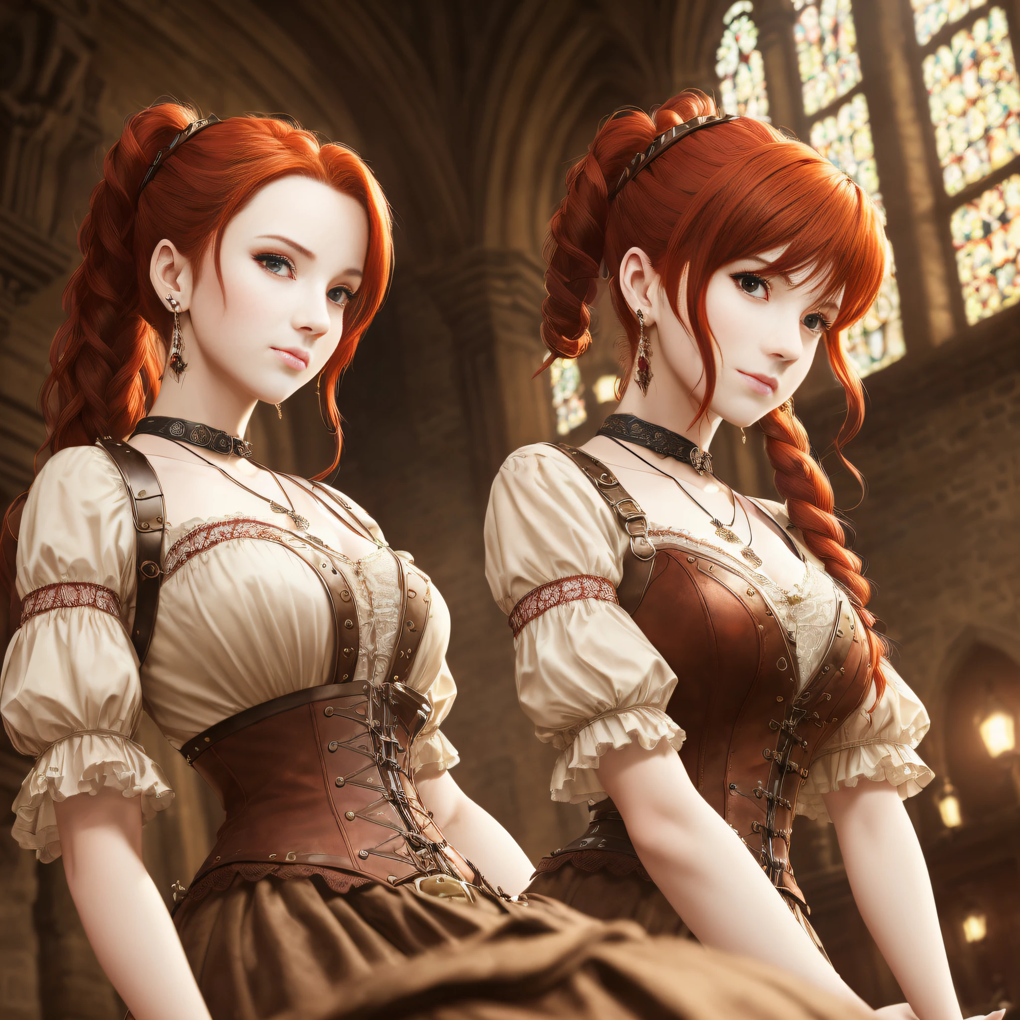 girl, girl, (from_below:1.3) (lying:1.2), (hand_on_hip:1.2), red_hair,ponytail, steampunk, brown, lace_trim, intricate skirt, (female focus:1.3), church, holding pendant, jewelry, (full_body:1.4), (((realistic))), (sharp focus:1.4), masterpiece, high quality, realistic lighting, center of frame, 8k, hdr