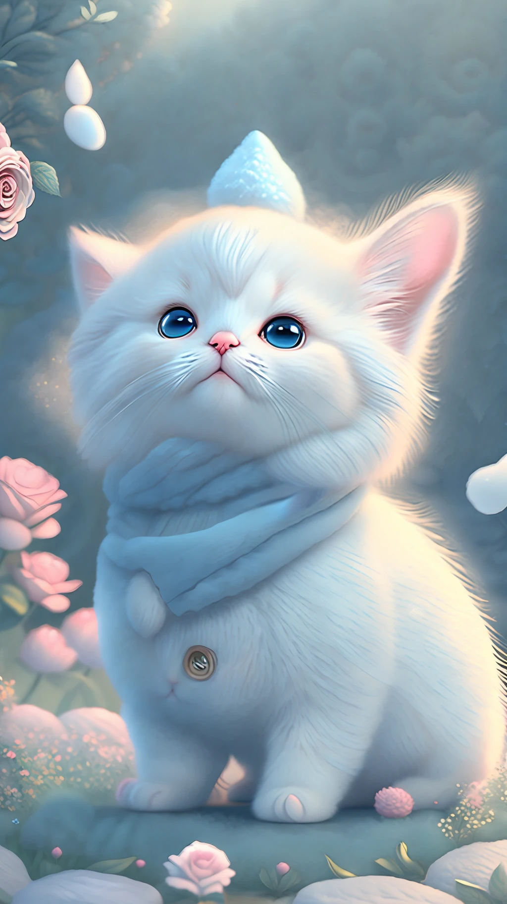 In this ultra-detailed CG art, cute kittens surrounded by ethereal roses, laughter, best quality, high resolution, intricate details, fantasy, cute animals, open mouths, laugh!!