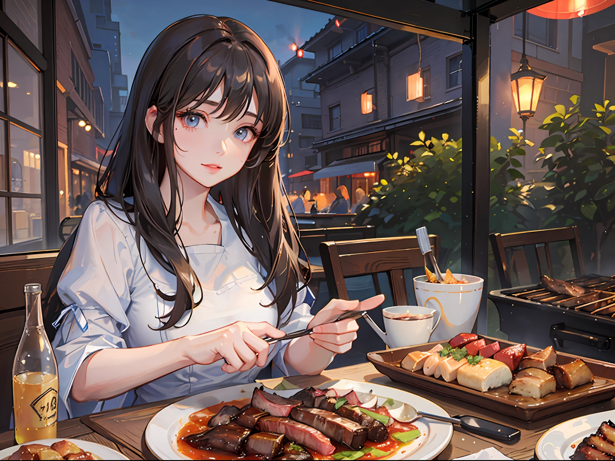 (masterpiece level), the best picture quality, high-definition pure brunette woman, (Qi bangs), in the warm barbecue restaurant night, grilling delicious food, wearing a light blue dress, clear and bright eyes, white skin like mutton fat, under the lens of the distant and distant scene, with 8K HD picture quality, showing the stunning scenery.