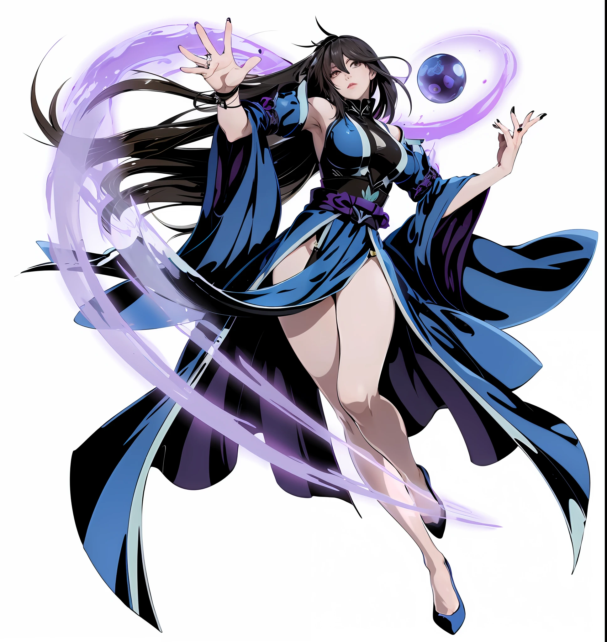 A woman in black Hanfu holding a magic ball, dark witch full body pose, brunette mage, full body fairy, dark witch full view, ninja scroll anime style, beautiful witch, witch, anime ninja scroll, fighting game character, /! \ Witch, (8k, RAW photo, best quality, masterpiece:1.2), european feel, medieval, ((character concept art), full body concept, still life, fine detail, center of screen, still life only, ((simple background)), white background, --auto --s2