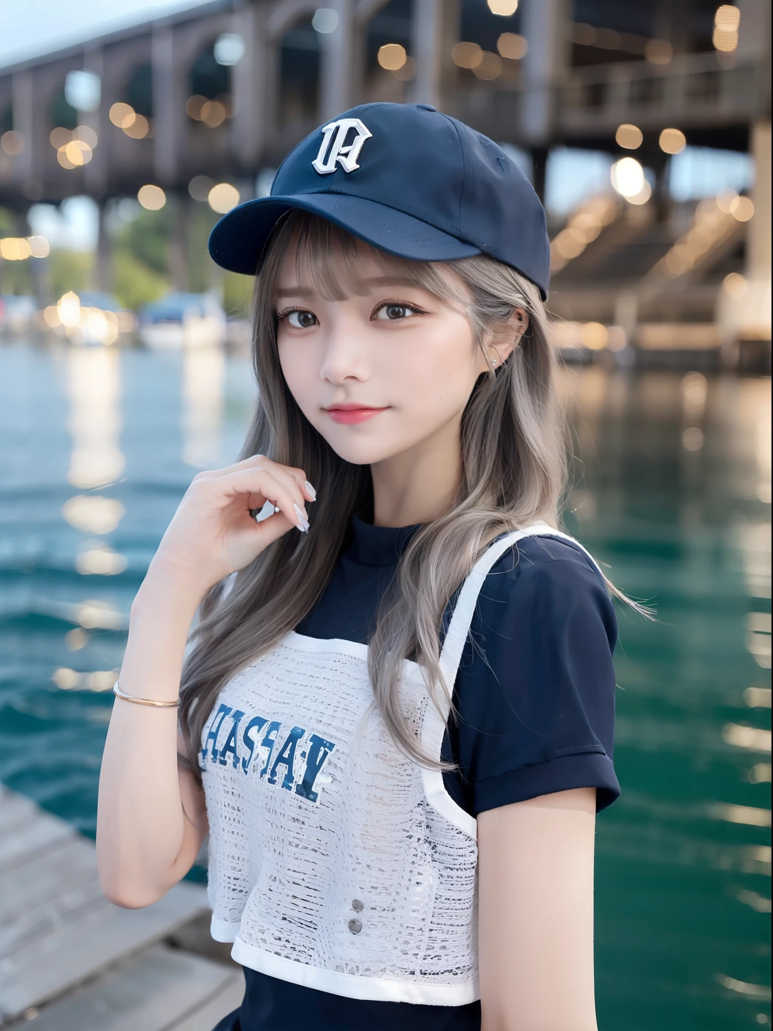 A beautiful woman is standing on a pier at lakeside, One hand close to the face and hand is goo, distant shot, medium hair, flipped hair, wavy hair, baseball cap, beautiful blue lake, (masterpiece: 1.1), (8k, RAW photo:1.2), (best quality: 1.1), black and grey color fishing vest like life jacket, fishing