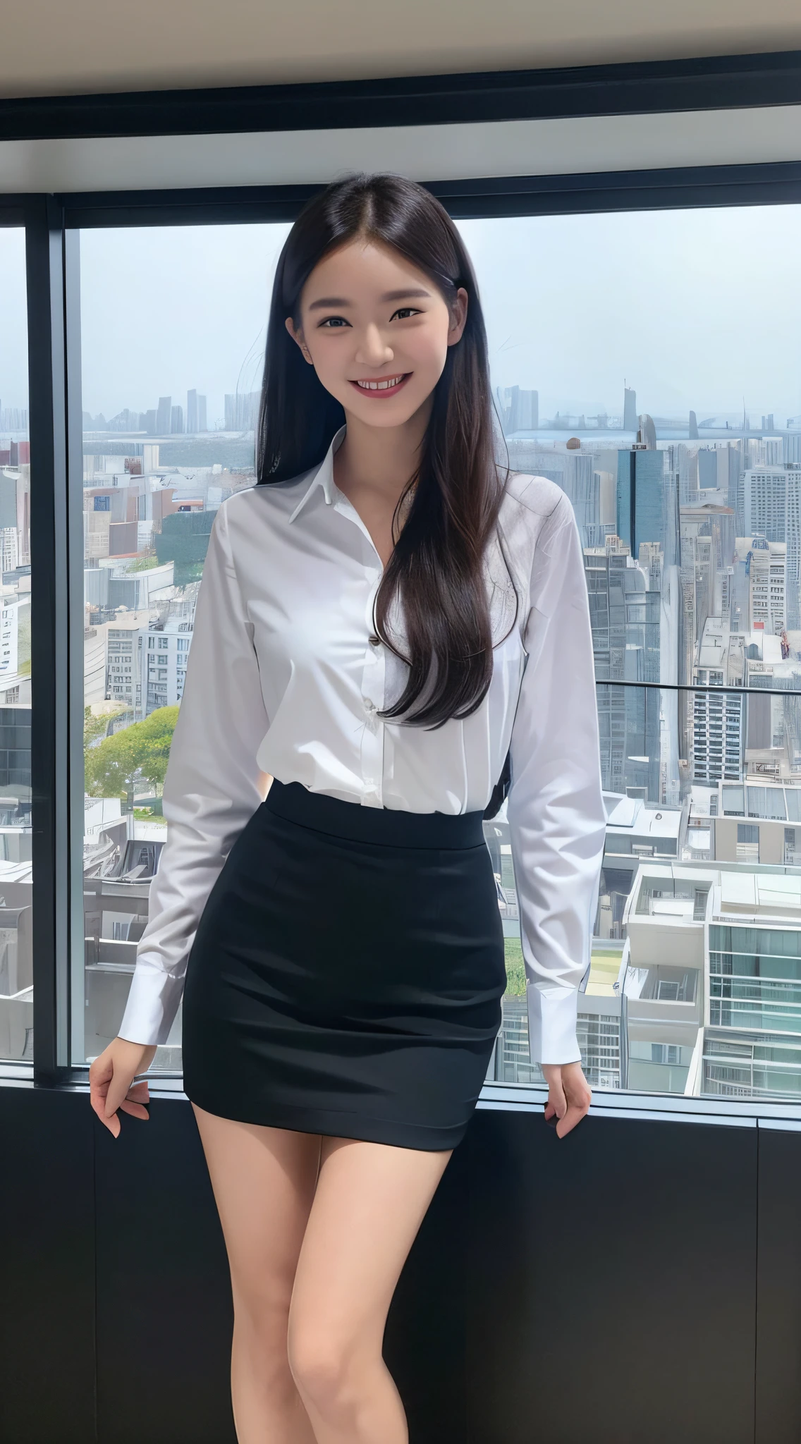 A girl in professional clothes, smiling, full body, slim face, beautiful girl, wearing black skirt and white shirt, super detailed face, detailed eyes, double eyelids, blurred background, slim face, standing by the glass window of modern office, through the window you can see the high-rise buildings of the city.