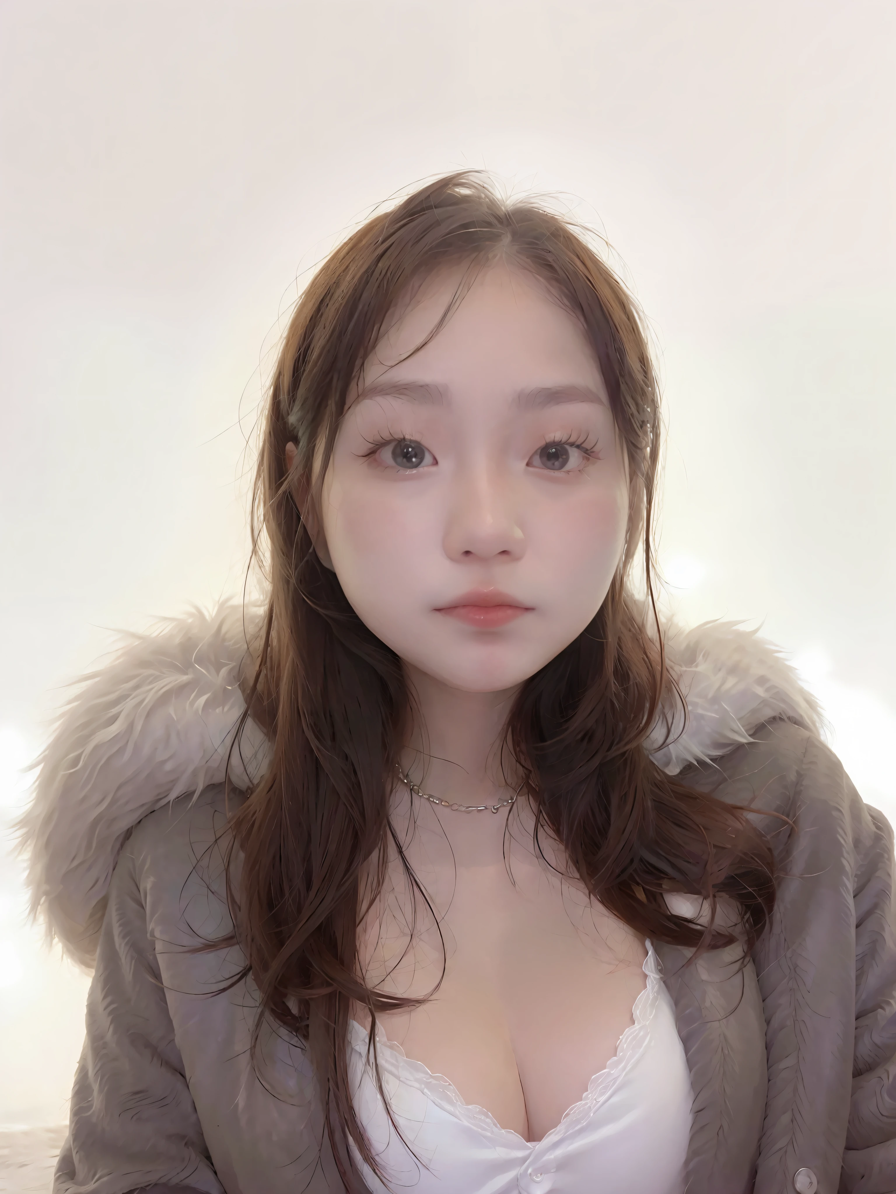 There is a woman posing for photo in a fur coat, beautiful korean woman, gorgeous korean young woman, korean woman, 8k selfie photo, beautiful korean young woman, korean girl, elegant, cute woman digital art, gorgeous chinese model, big breasts, plump, busty breasts, big breasts beauty, big breasts