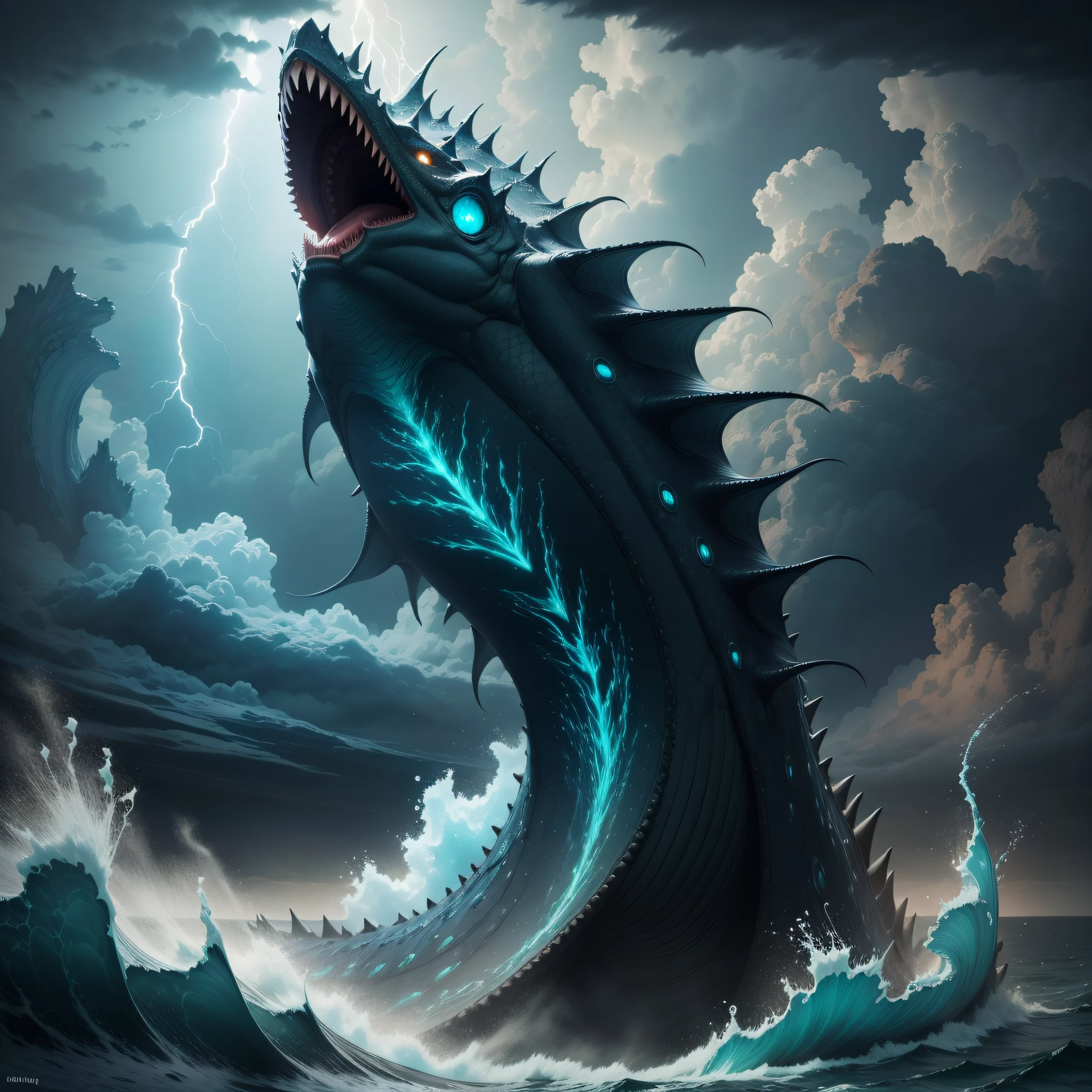 ((ultra quality)) ((ultra realistic)) monstrous sea creature of gigantic scale, scaly skin, lightning storm in the background