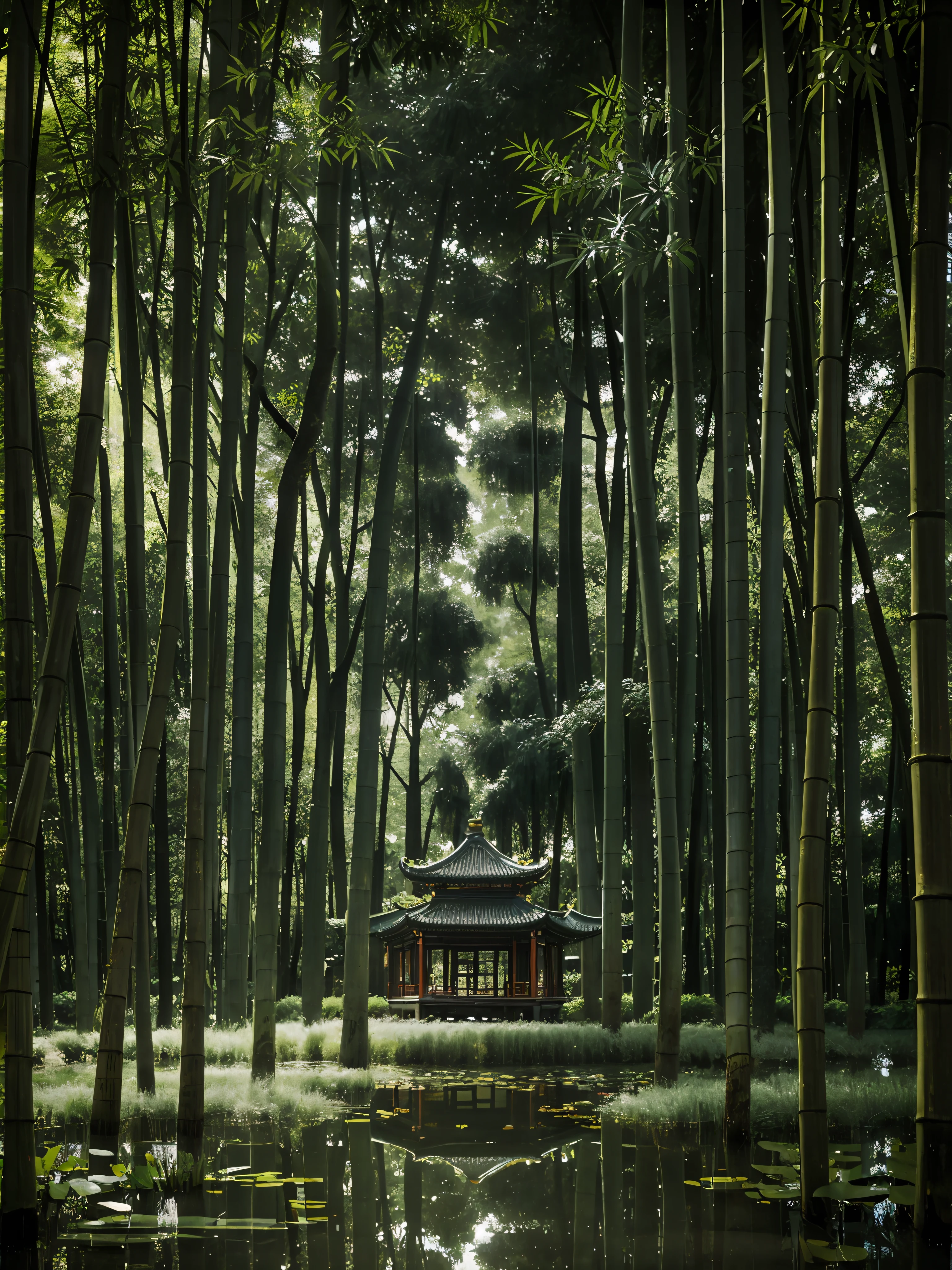 Realism style, photography, nikon, large aperture, mid-range photography, masterpiece, super high quality, gray tone, Chinese pavilion in the pond, Chinese style, bamboo forest background, rainy day, upward perspective, 2/3 of the subject, extreme detail, extreme quality, 4k, dream color, dream light and shadow
