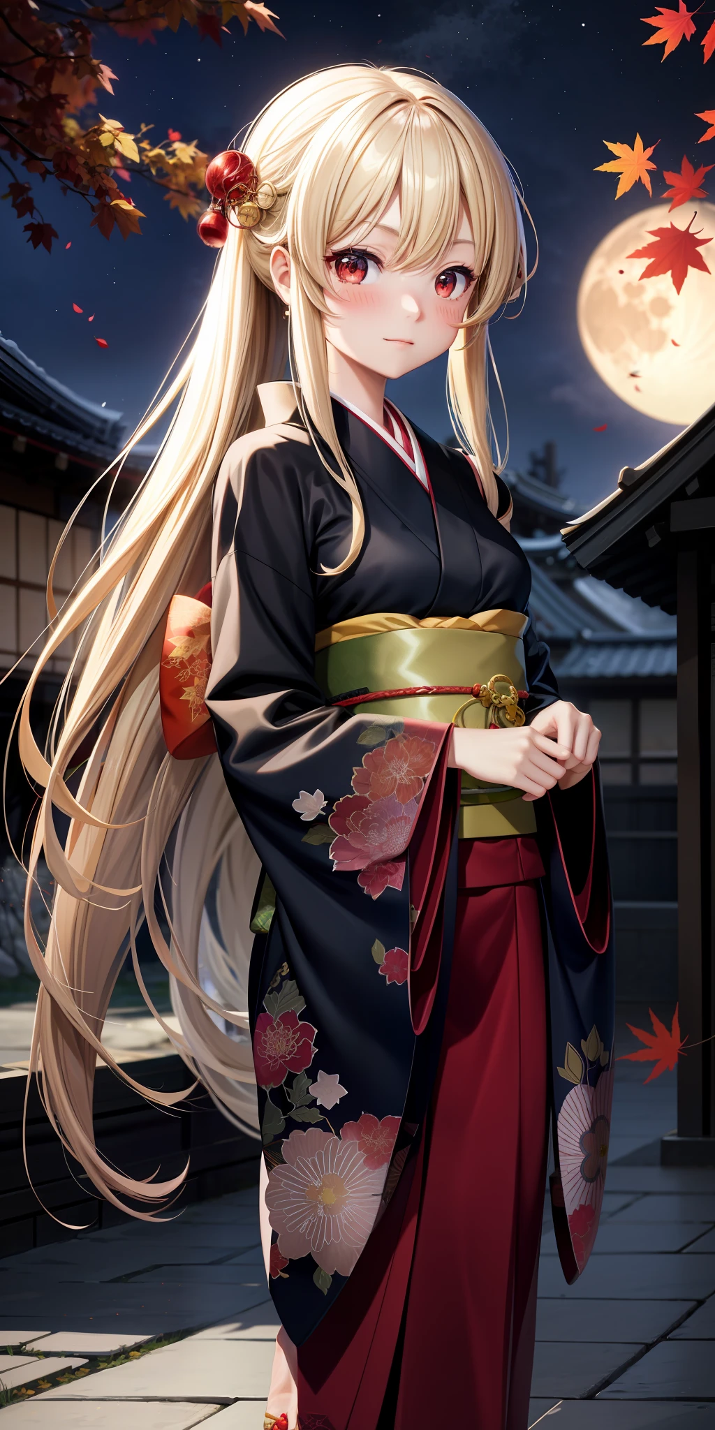 anime, single girl, blonde, long hair, red eyes, kamimeki, blush, kyoto, autumn leaves, moon, kimono, detailed cute anime face,