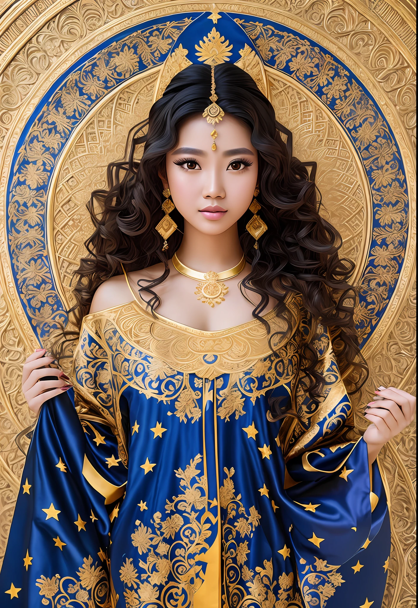 filipino woman wearing long modest blue and gold robe, moon goddess, filipino woman with long black wavy hair, double eyelid, blur background, 1girl, detailed brown eyes, hyperrealism, Masterpiece:1.3, starry background, photorealistic, full_body, full body, --auto --s2