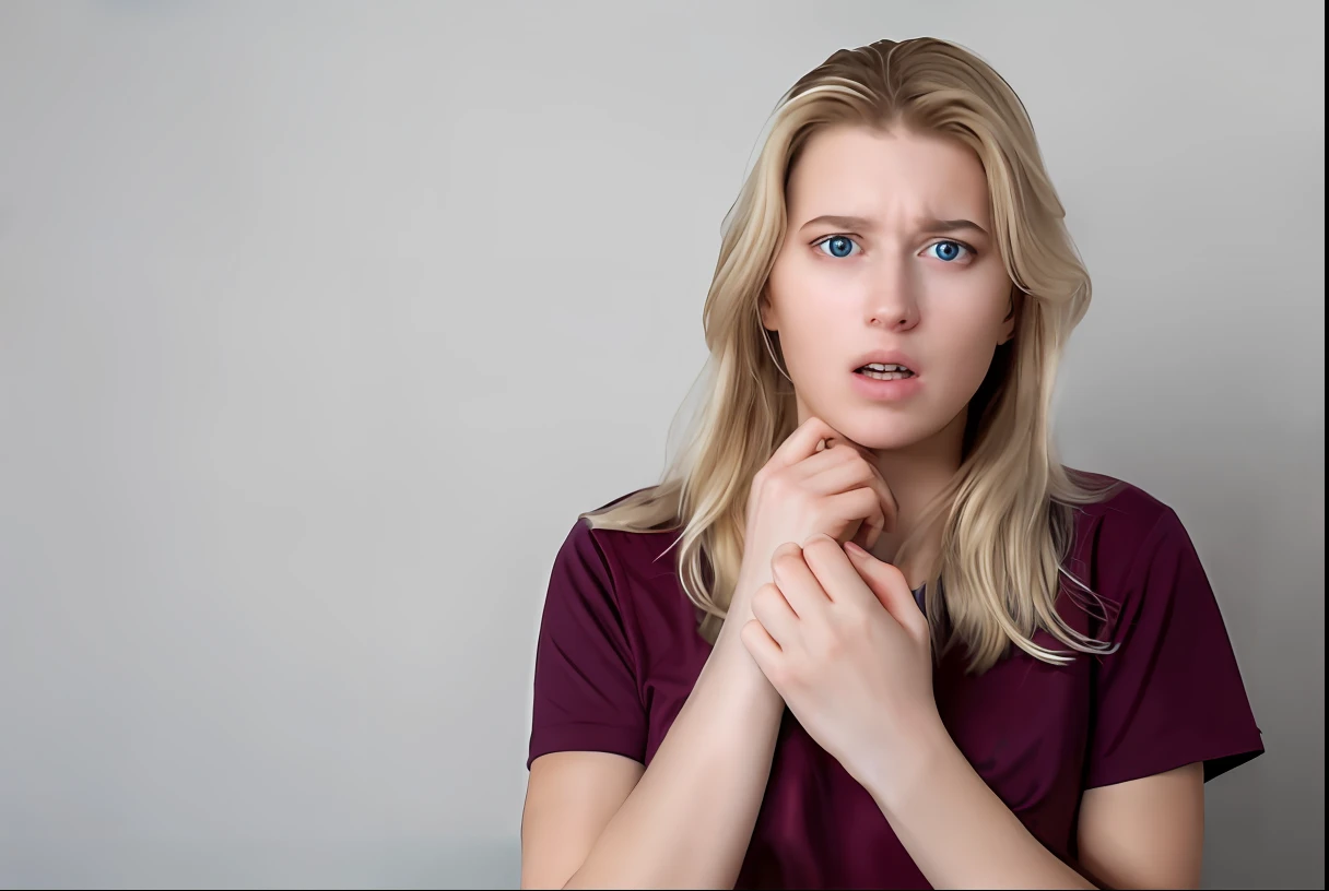 blond woman with blue eyes and a red shirt is holding her hands together, hand on her chin, coughing, feeling of disgust, shocked expression on her face, timid and vulnerable expression, disgusted. fear inspiring mood, frightened look, photo of young woman, hand over mouth, the girl is scared, concerned expression, young woman in her 20s