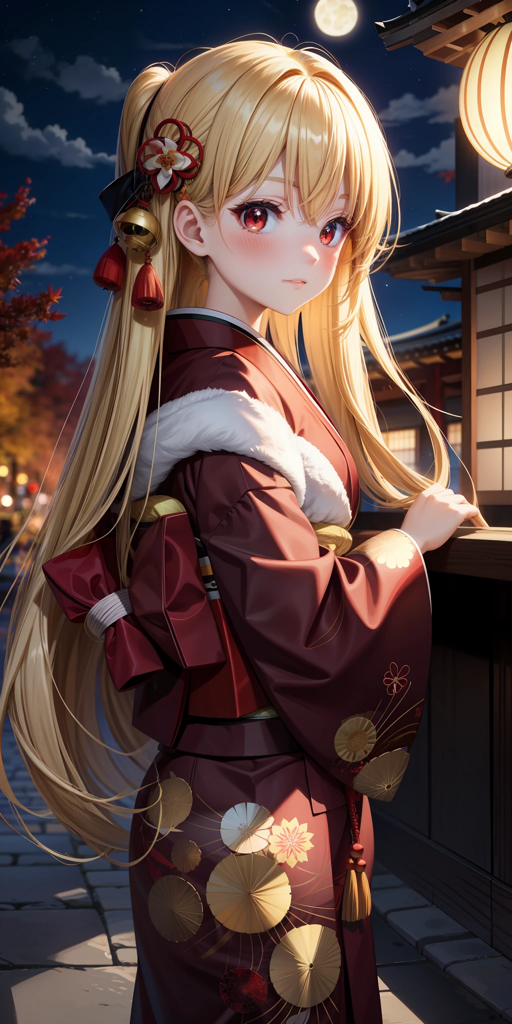 anime, single girl, blonde, long hair, red eyes, kamimeki, blush, kyoto, autumn leaves, moon, kimono